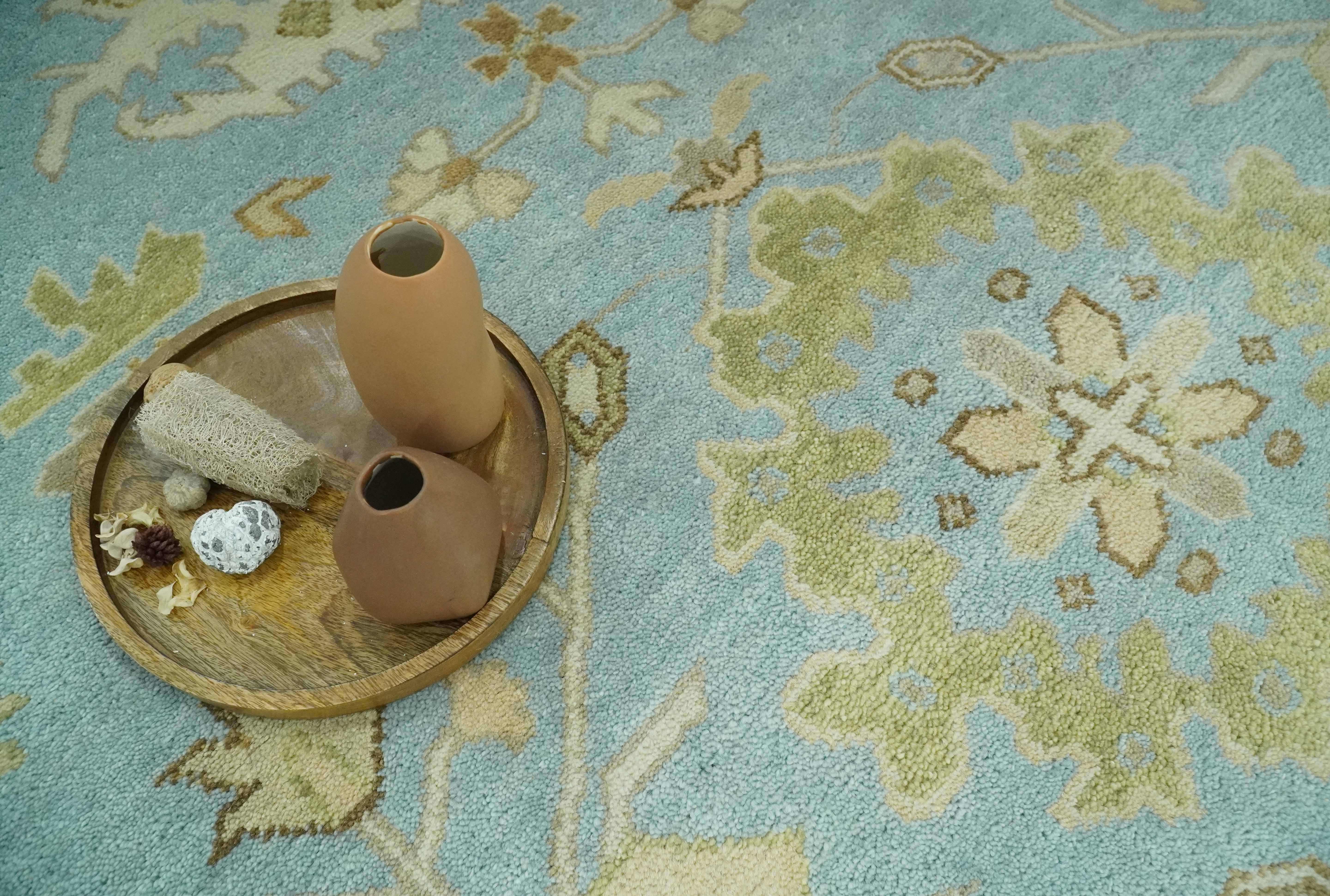 Light Blue, Beige and Ivory Hand knotted 8x10 Traditional Oriental Oushak wool rug - Image 9