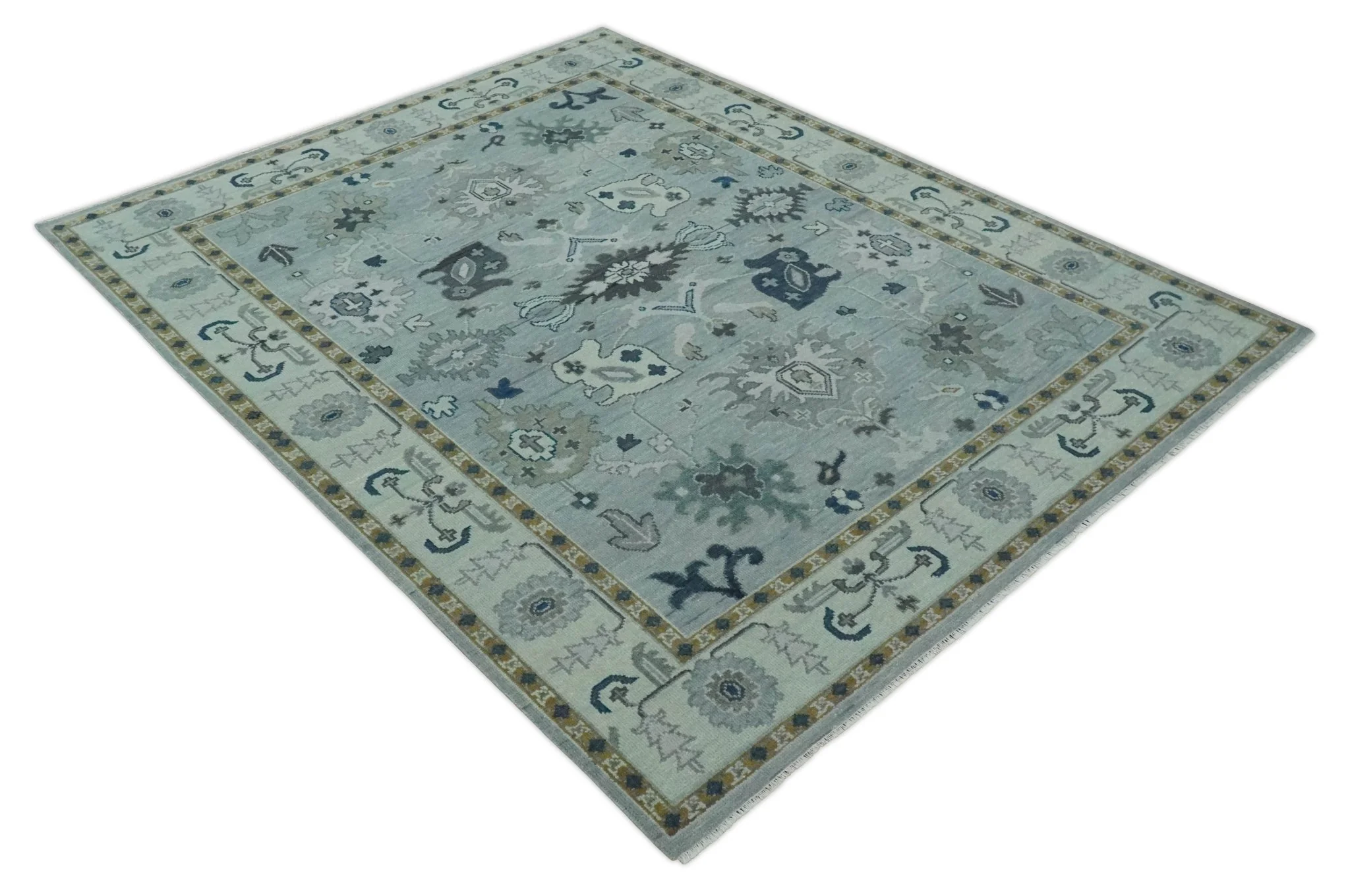 Light Blue Hand knotted Traditional Oushak Multi Size wool Area Rug - Image 9