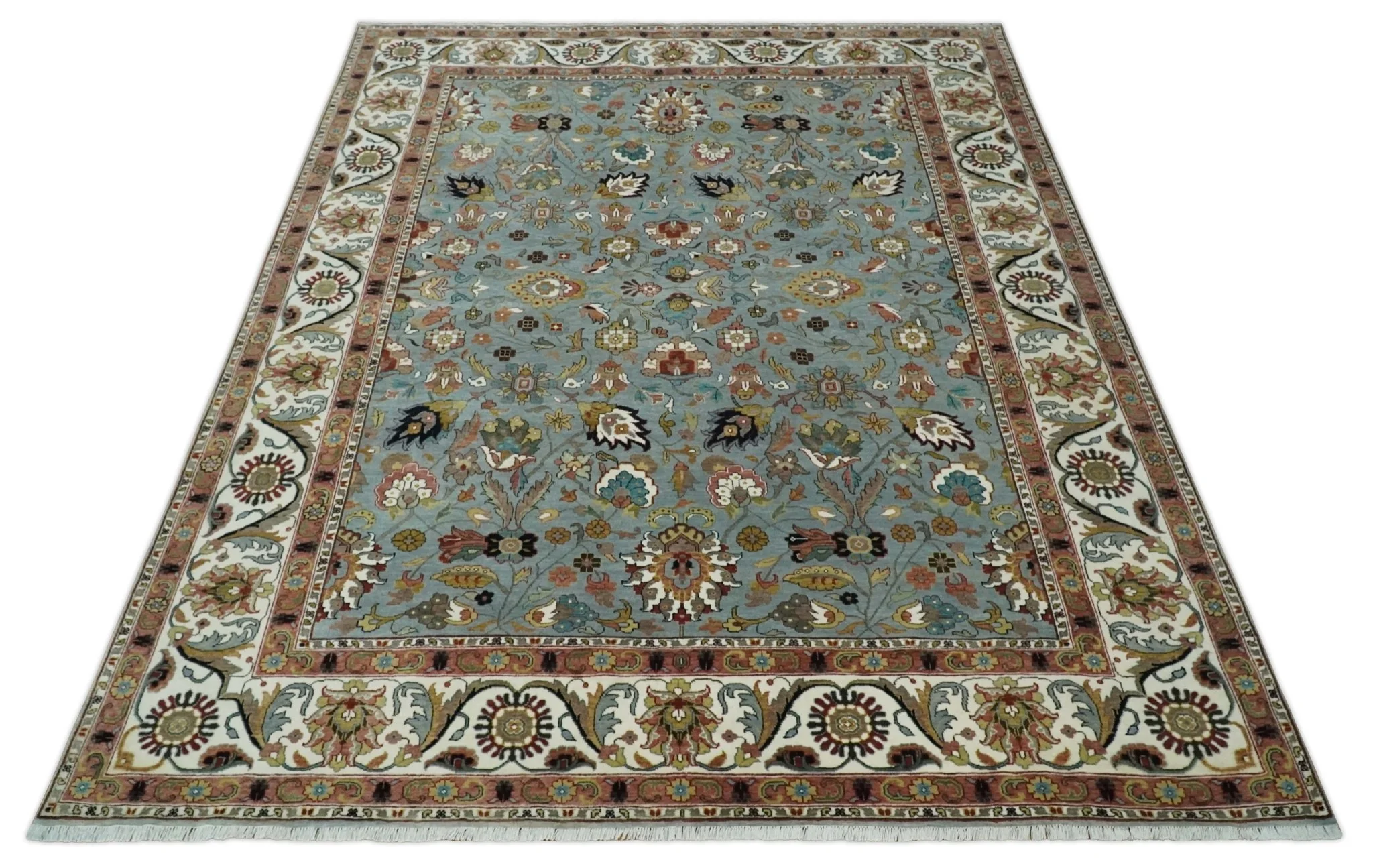 Light Blue, Ivory and Peach Turkish Design Traditional Floral 8x10 and 9x12 Hand Knotted Wool Area Rug - Image 10