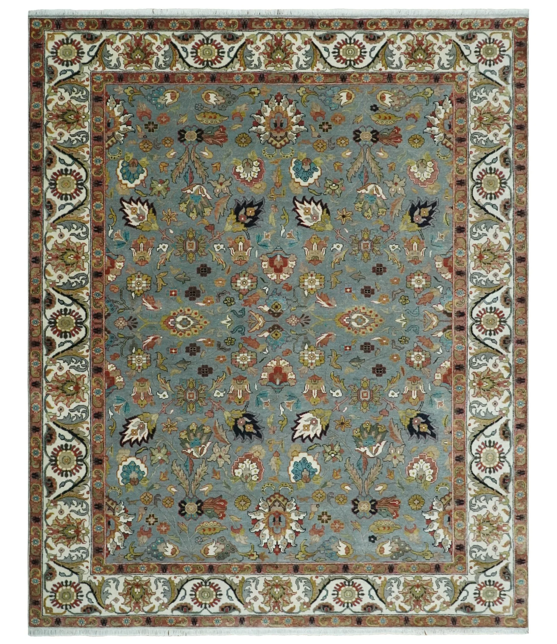 Light Blue, Ivory and Peach Turkish Design Traditional Floral 8x10 and 9x12 Hand Knotted Wool Area Rug - Image 11