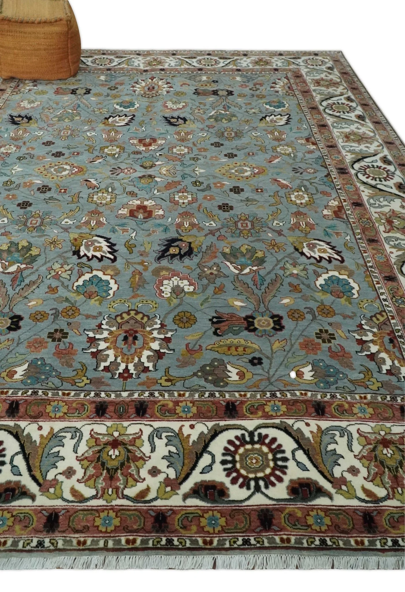 Light Blue, Ivory and Peach Turkish Design Traditional Floral 8x10 and 9x12 Hand Knotted Wool Area Rug - Image 3