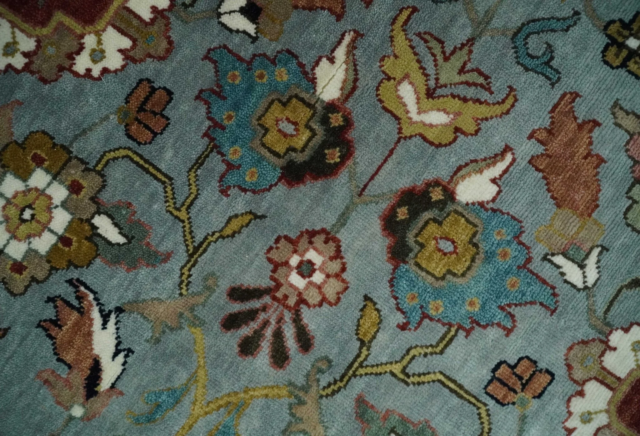 Light Blue, Ivory and Peach Turkish Design Traditional Floral 8x10 and 9x12 Hand Knotted Wool Area Rug - Image 4