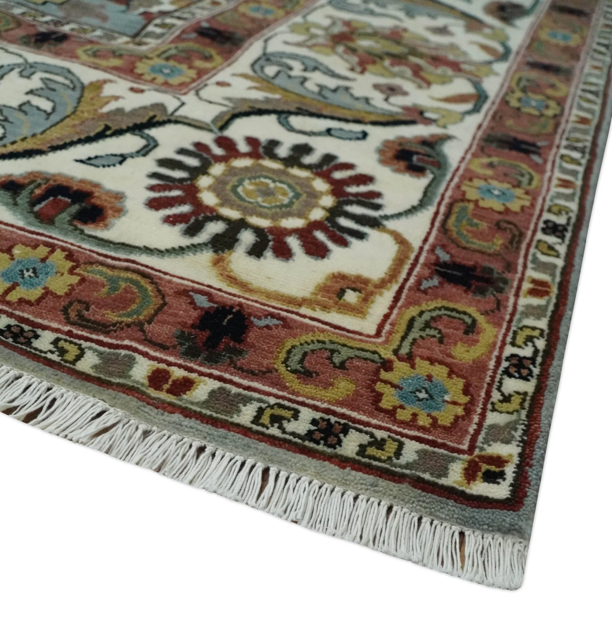 Light Blue, Ivory and Peach Turkish Design Traditional Floral 8x10 and 9x12 Hand Knotted Wool Area Rug - Image 5