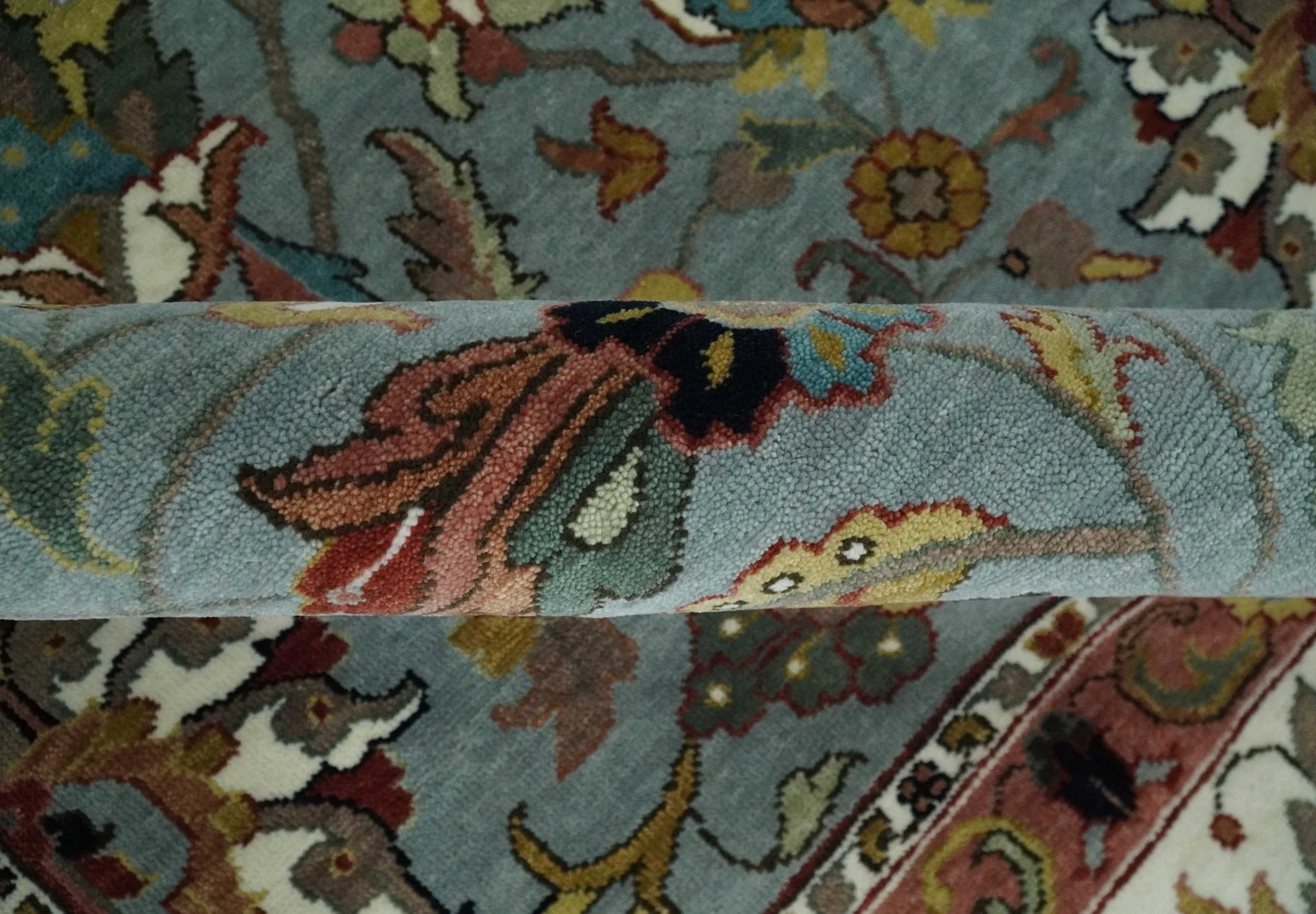 Light Blue, Ivory and Peach Turkish Design Traditional Floral 8x10 and 9x12 Hand Knotted Wool Area Rug - Image 7