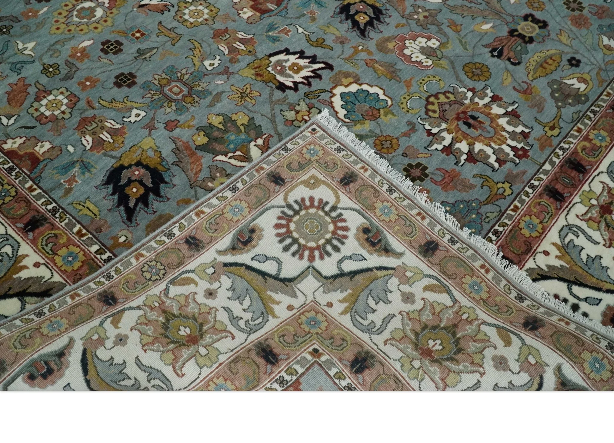 Light Blue, Ivory and Peach Turkish Design Traditional Floral 8x10 and 9x12 Hand Knotted Wool Area Rug - Image 8