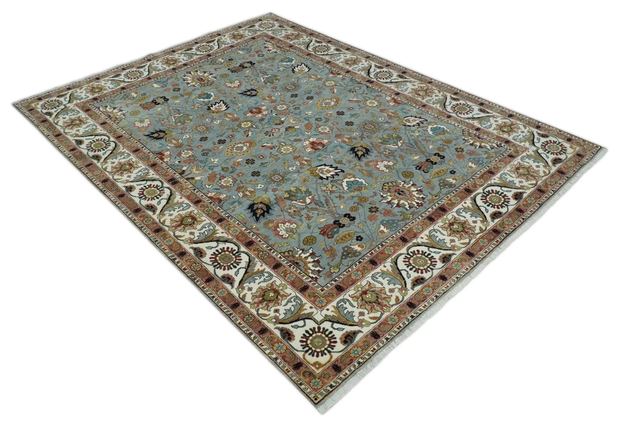Light Blue, Ivory and Peach Turkish Design Traditional Floral 8x10 and 9x12 Hand Knotted Wool Area Rug - Image 9