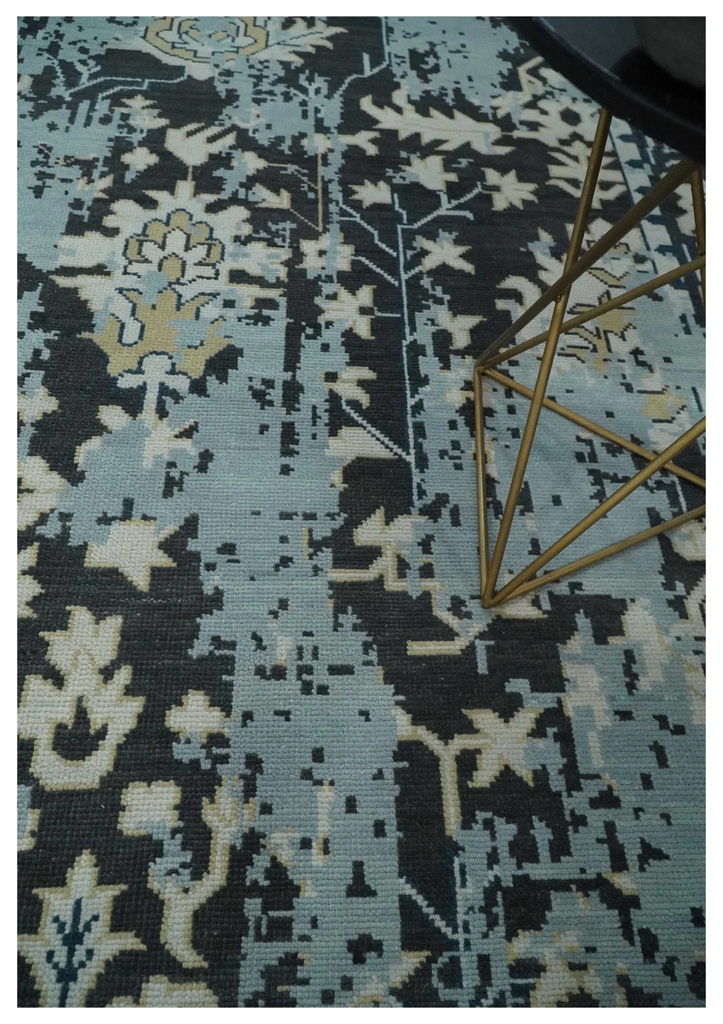 Custom Made Transitional Light Blue, Ivory, Beige and Charcoal Hand knotted wool Rug - Image 2