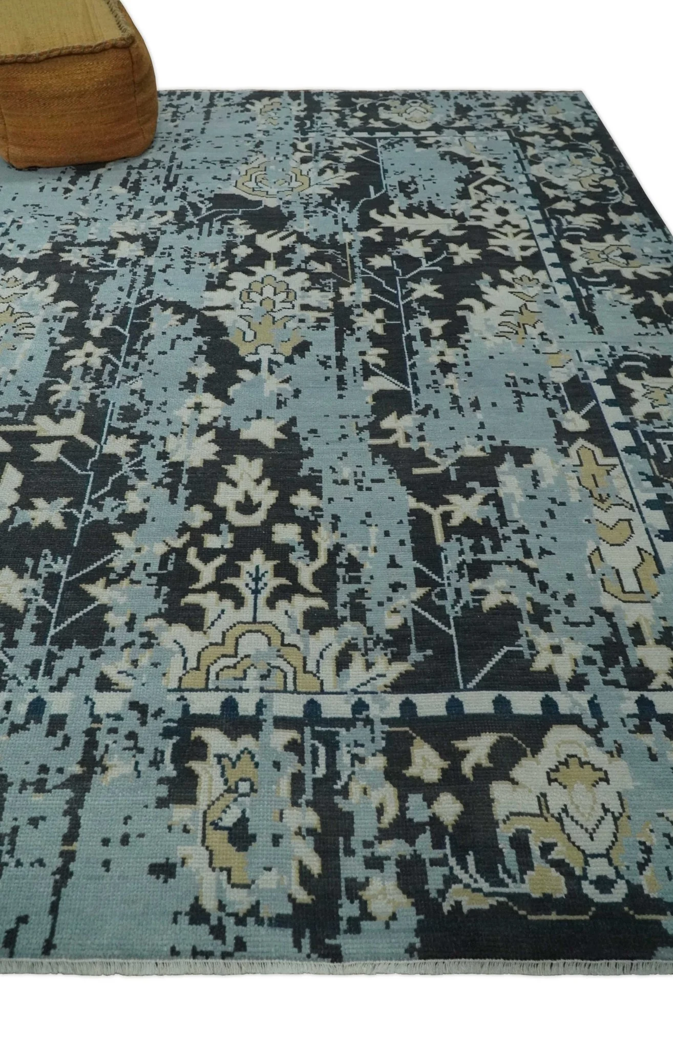 Custom Made Transitional Light Blue, Ivory, Beige and Charcoal Hand knotted wool Rug - Image 3