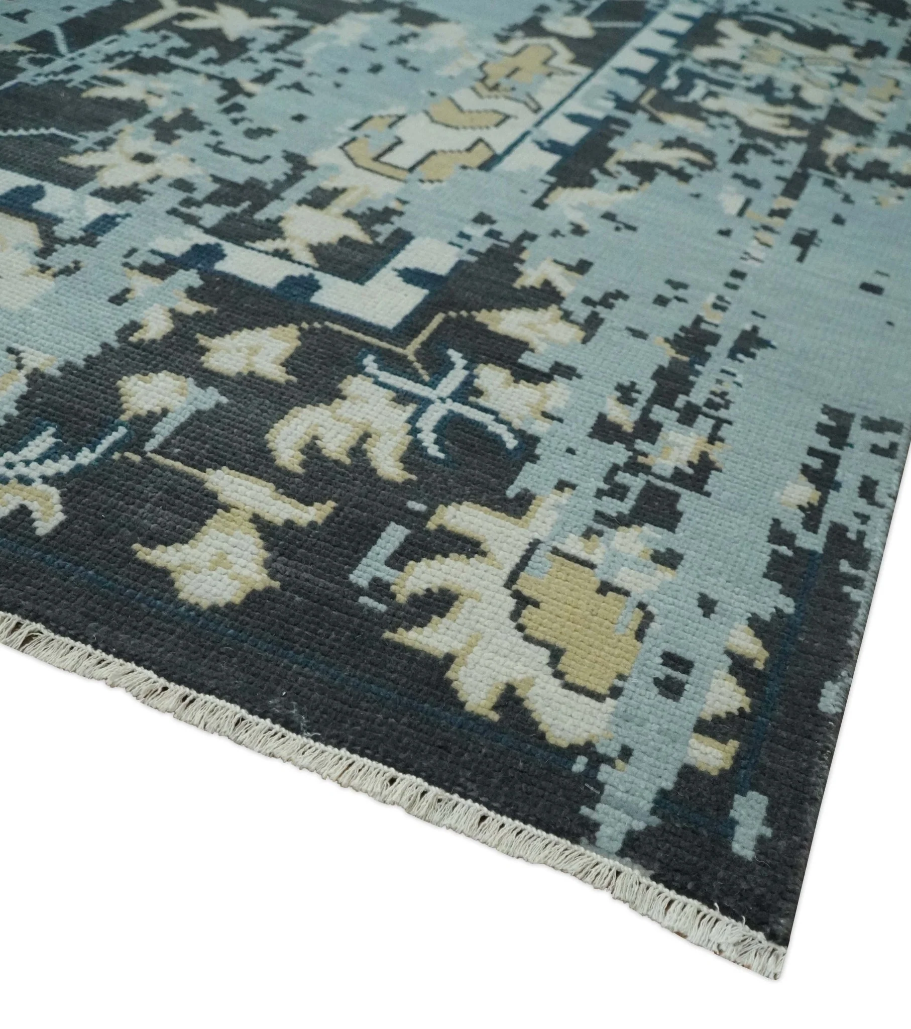 Custom Made Transitional Light Blue, Ivory, Beige and Charcoal Hand knotted wool Rug - Image 5