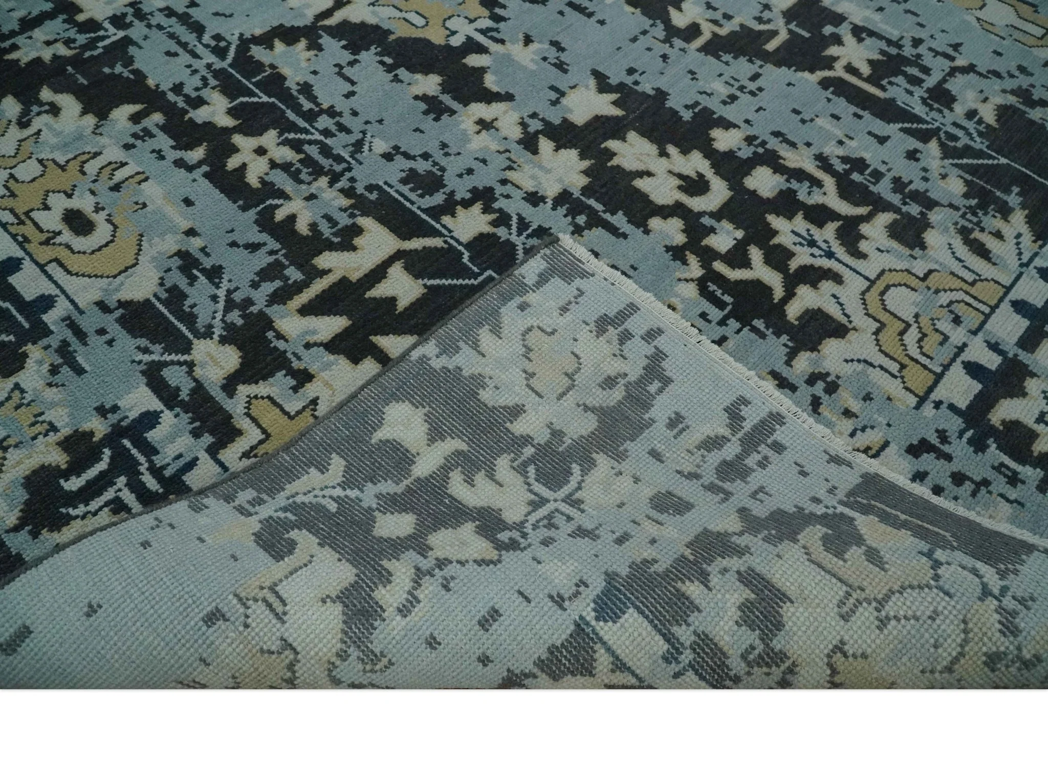 Custom Made Transitional Light Blue, Ivory, Beige and Charcoal Hand knotted wool Rug - Image 6