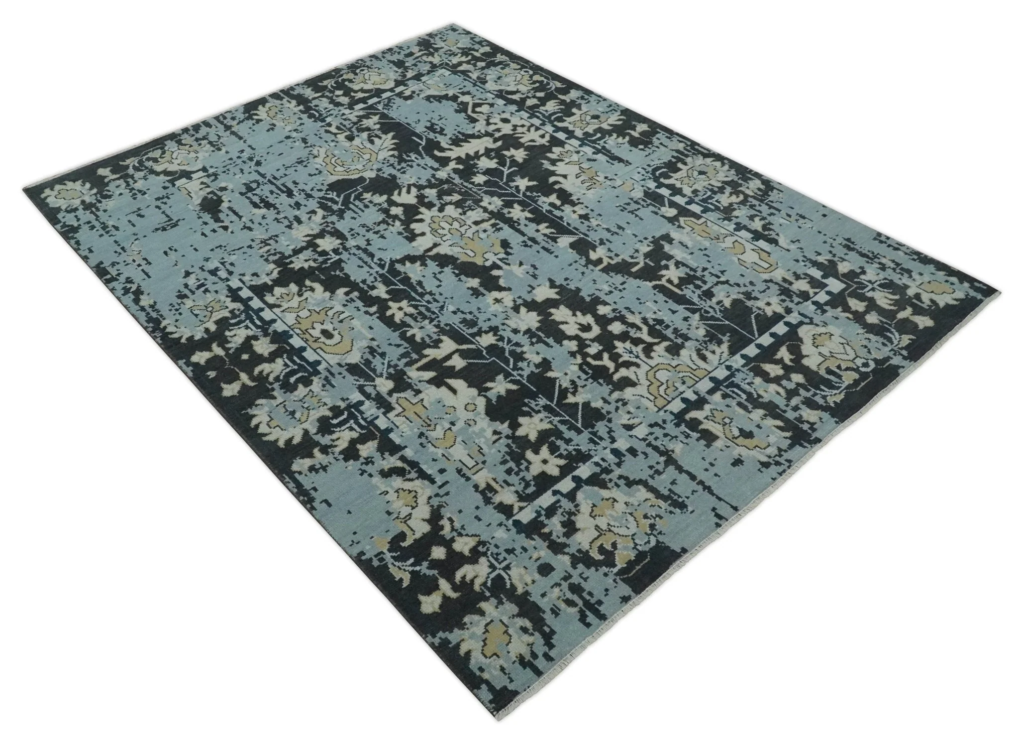 Custom Made Transitional Light Blue, Ivory, Beige and Charcoal Hand knotted wool Rug - Image 8