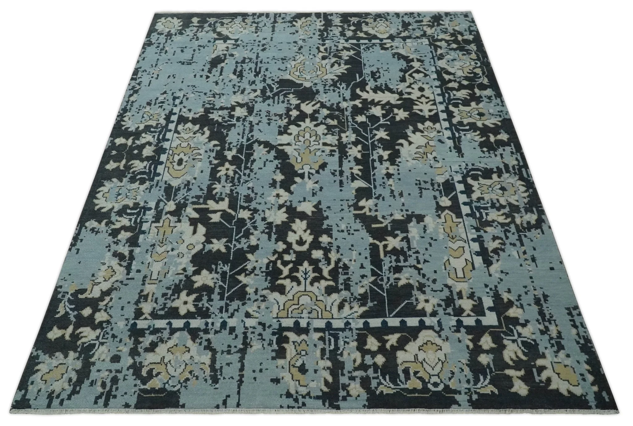 Custom Made Transitional Light Blue, Ivory, Beige and Charcoal Hand knotted wool Rug - Image 9