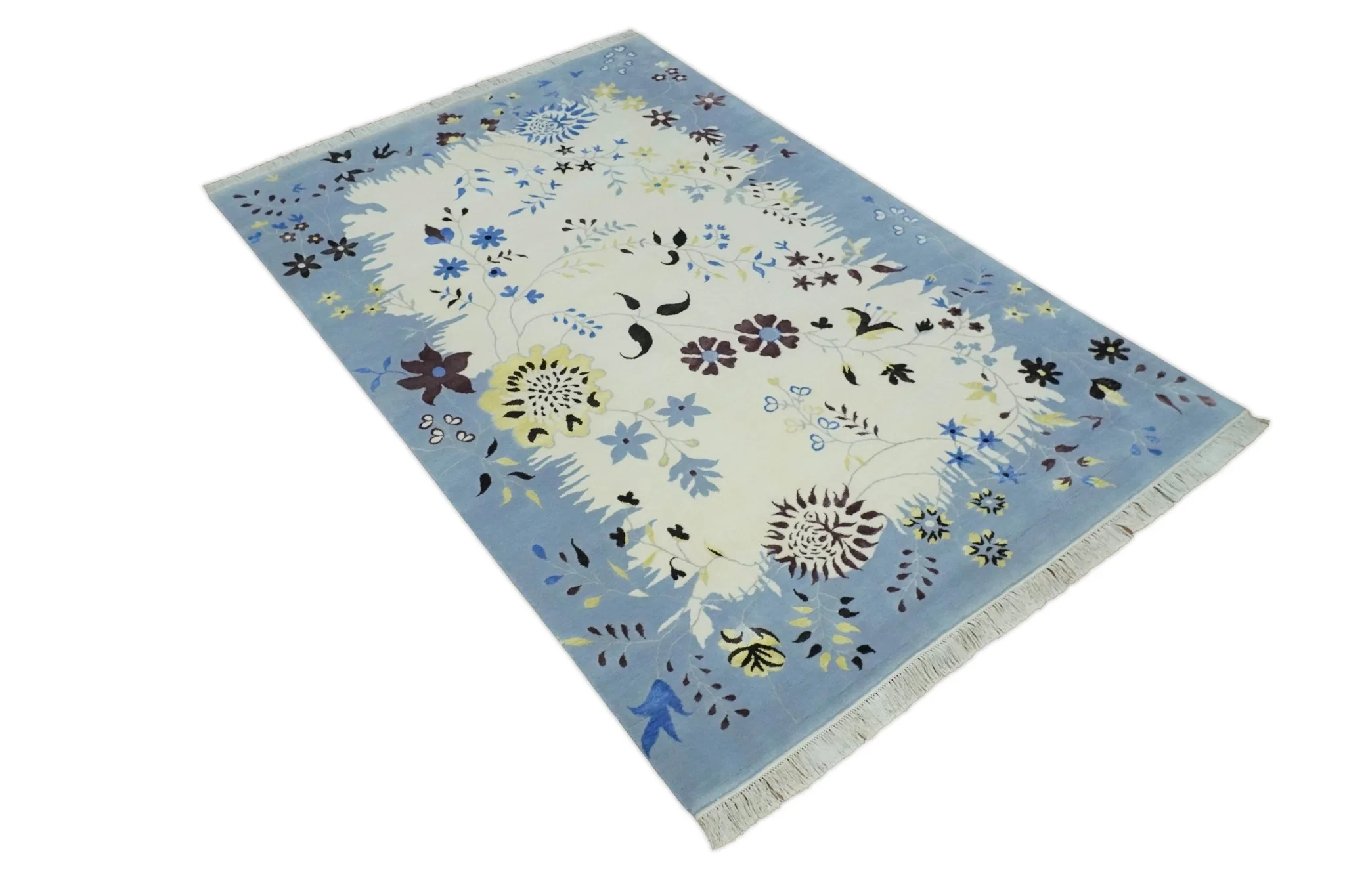 Light Blue, Ivory, Charcoal and Brown Hand Knotted Traditional Floral 6.6x10 Wool Area Rug - Image 10