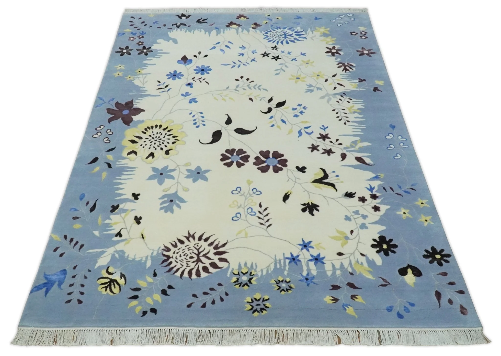Light Blue, Ivory, Charcoal and Brown Hand Knotted Traditional Floral 6.6x10 Wool Area Rug - Image 11