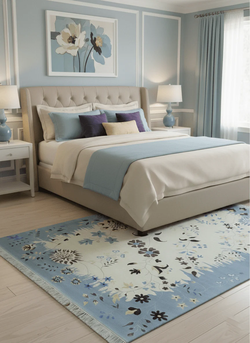 Light Blue, Ivory, Charcoal and Brown Hand Knotted Traditional Floral 6.6x10 Wool Area Rug - Image 2