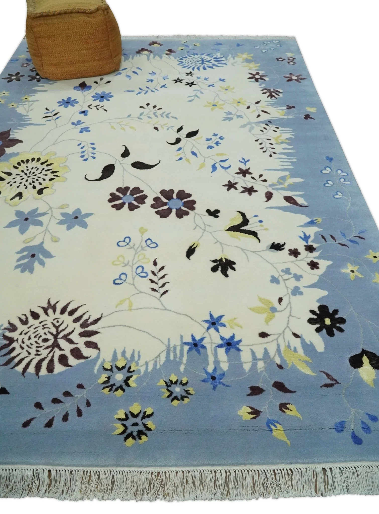 Light Blue, Ivory, Charcoal and Brown Hand Knotted Traditional Floral 6.6x10 Wool Area Rug - Image 4