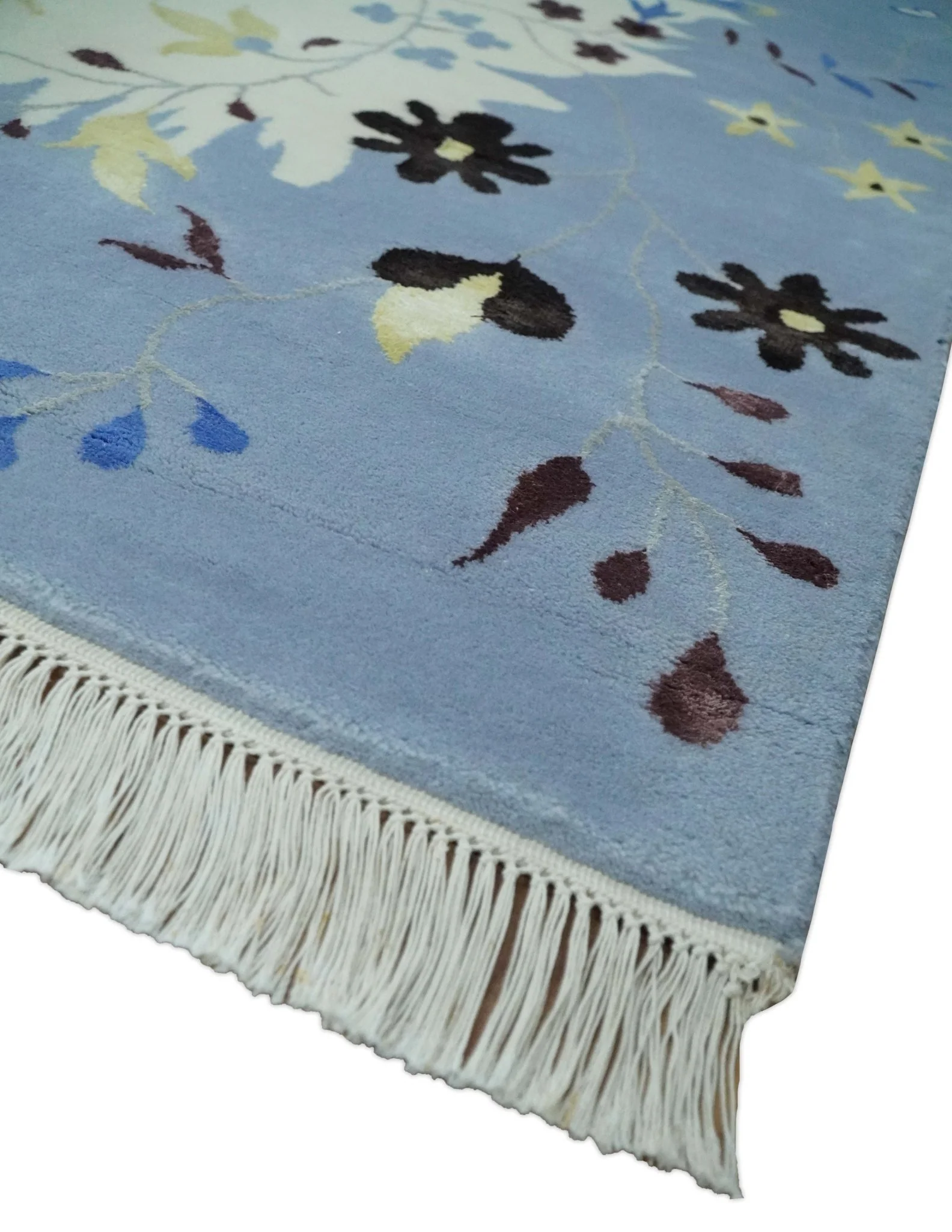 Light Blue, Ivory, Charcoal and Brown Hand Knotted Traditional Floral 6.6x10 Wool Area Rug - Image 6