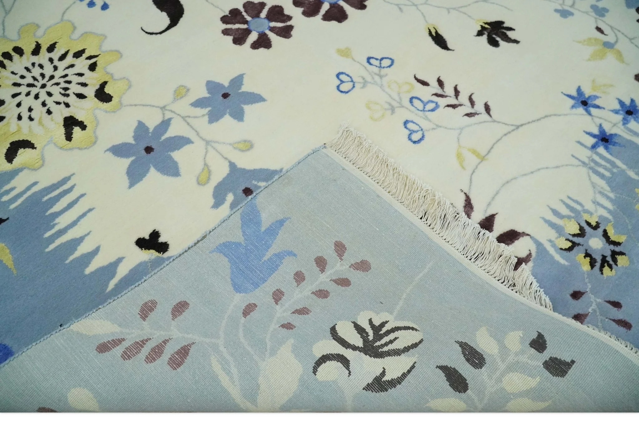Light Blue, Ivory, Charcoal and Brown Hand Knotted Traditional Floral 6.6x10 Wool Area Rug - Image 8