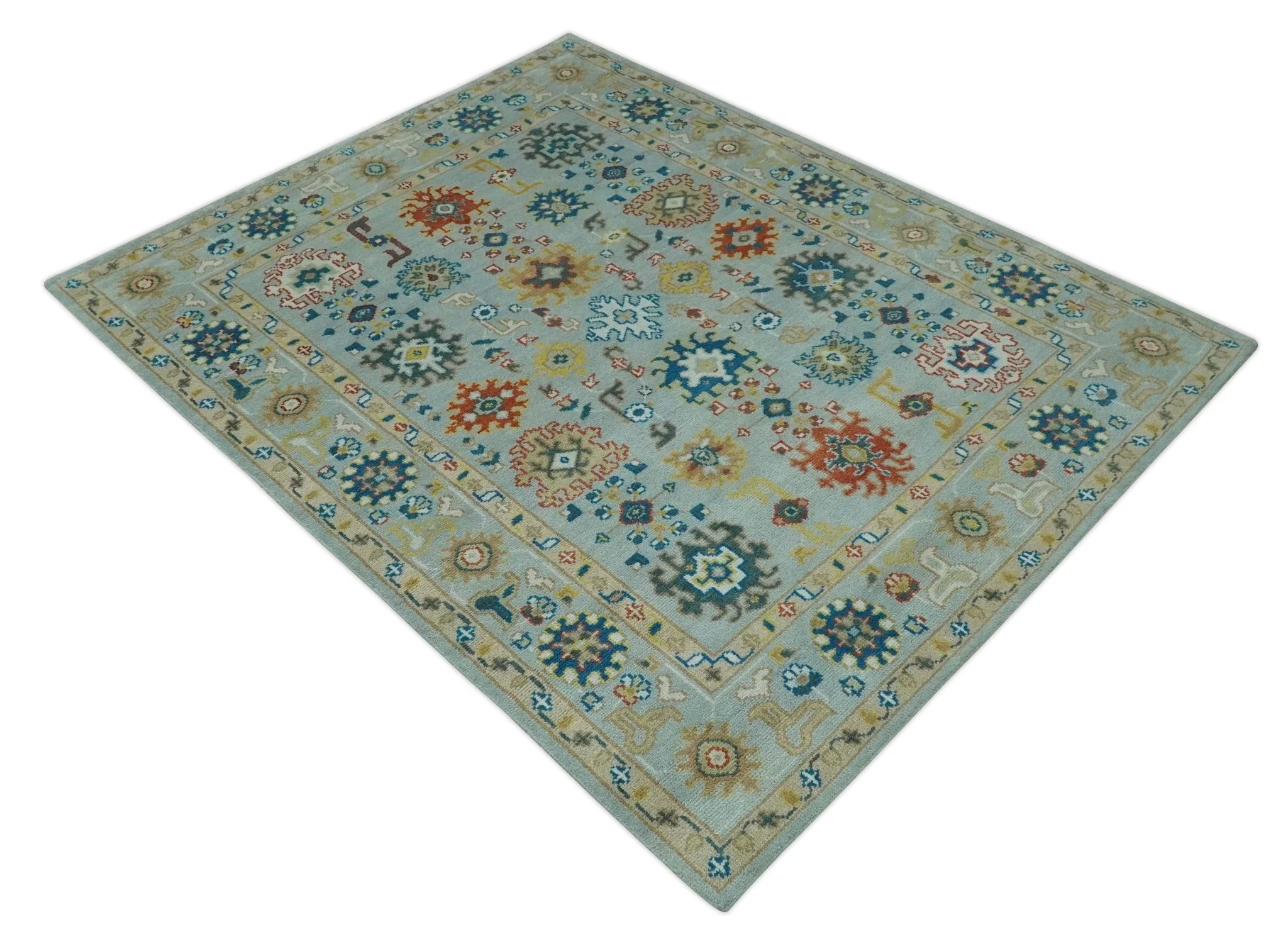 Vibrant Colorful Light Blue, Mustard, Brown and Blue Hand Knotted Traditional Oushak Multi Size wool Area Rug - Image 10