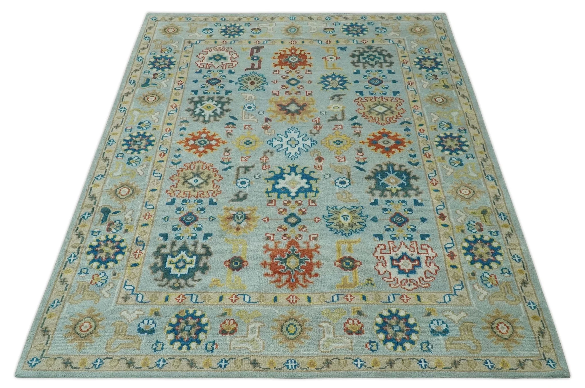 Vibrant Colorful Light Blue, Mustard, Brown and Blue Hand Knotted Traditional Oushak Multi Size wool Area Rug - Image 11