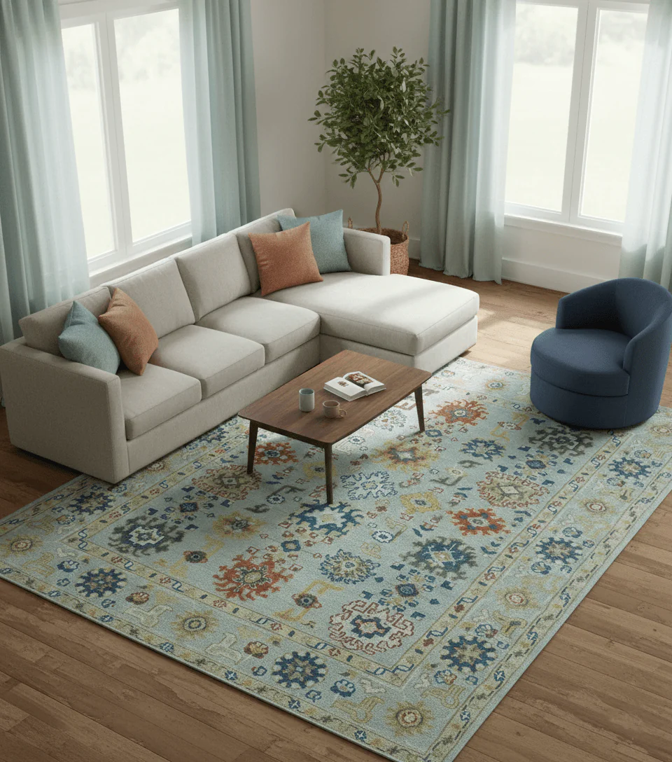 Vibrant Colorful Light Blue, Mustard, Brown and Blue Hand Knotted Traditional Oushak Multi Size wool Area Rug - Image 2