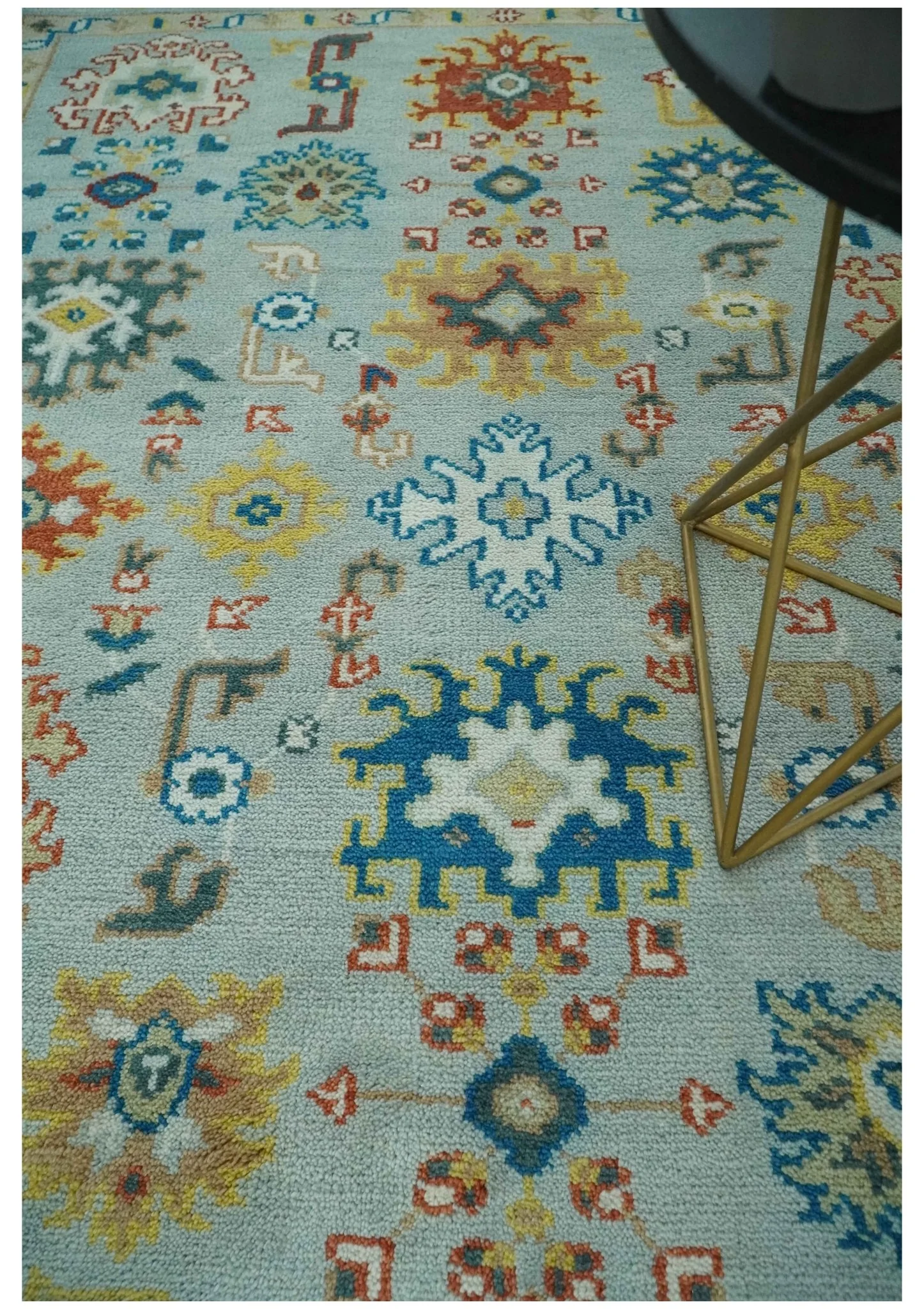 Vibrant Colorful Light Blue, Mustard, Brown and Blue Hand Knotted Traditional Oushak Multi Size wool Area Rug - Image 3