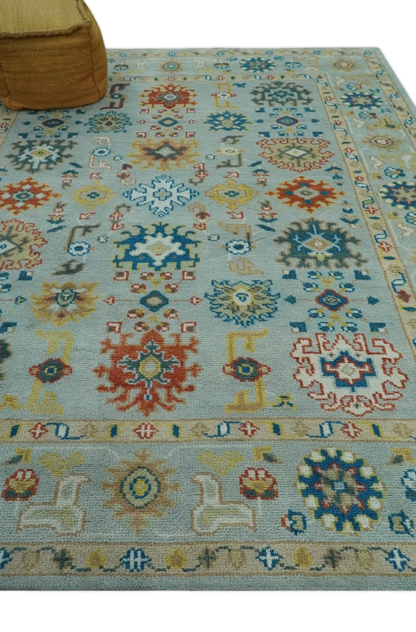 Vibrant Colorful Light Blue, Mustard, Brown and Blue Hand Knotted Traditional Oushak Multi Size wool Area Rug - Image 4