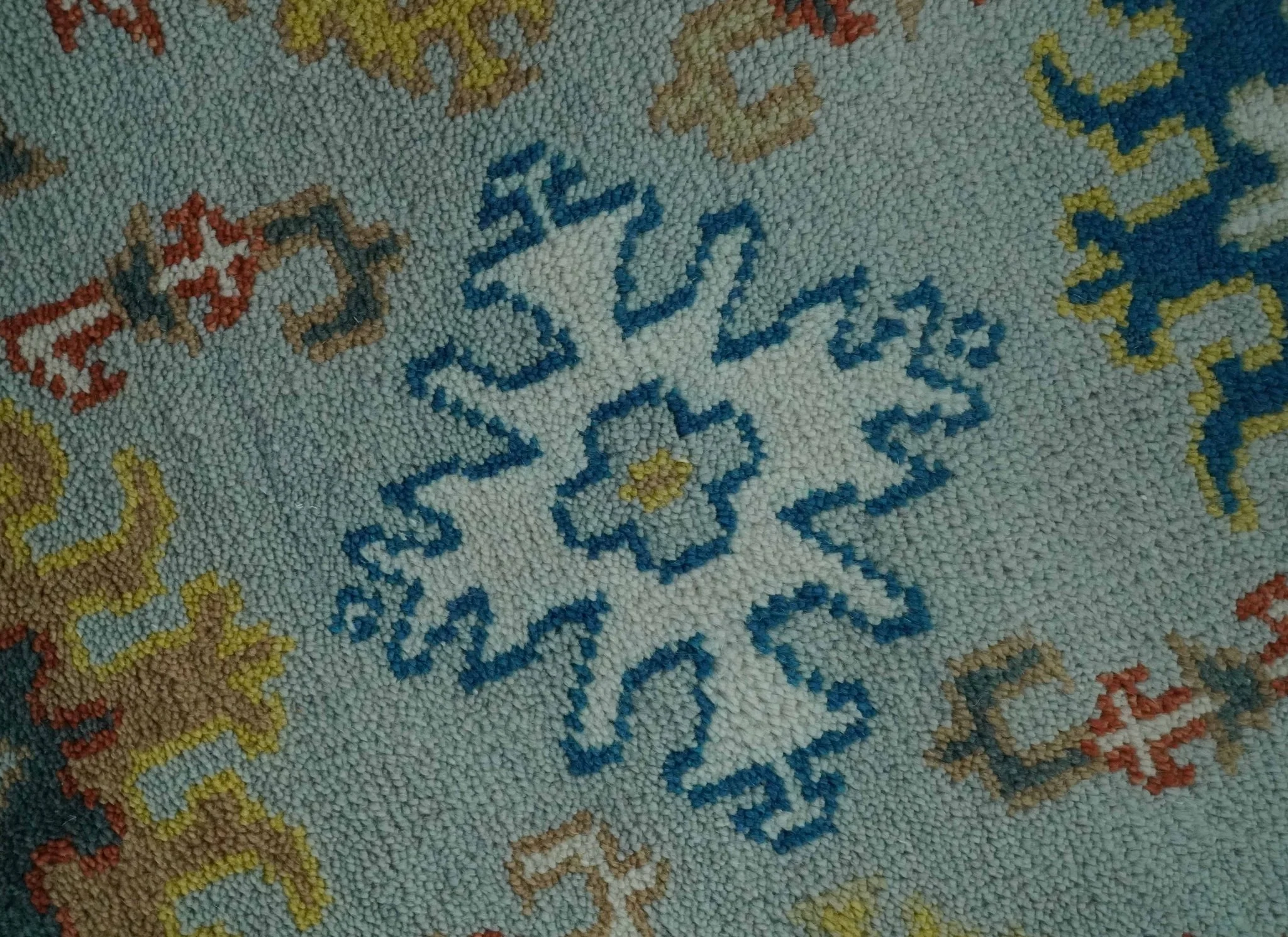 Vibrant Colorful Light Blue, Mustard, Brown and Blue Hand Knotted Traditional Oushak Multi Size wool Area Rug - Image 5