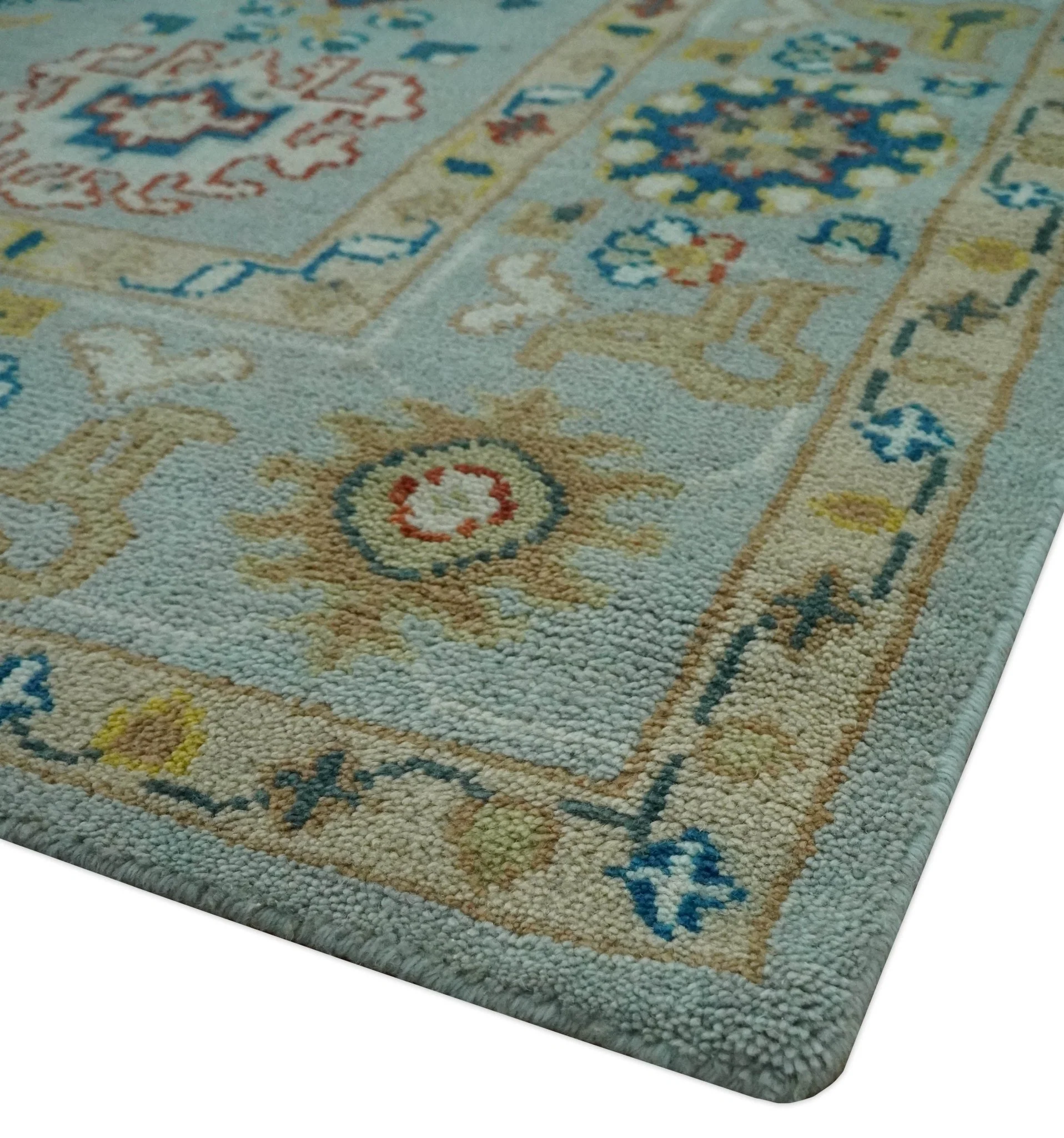 Vibrant Colorful Light Blue, Mustard, Brown and Blue Hand Knotted Traditional Oushak Multi Size wool Area Rug - Image 6