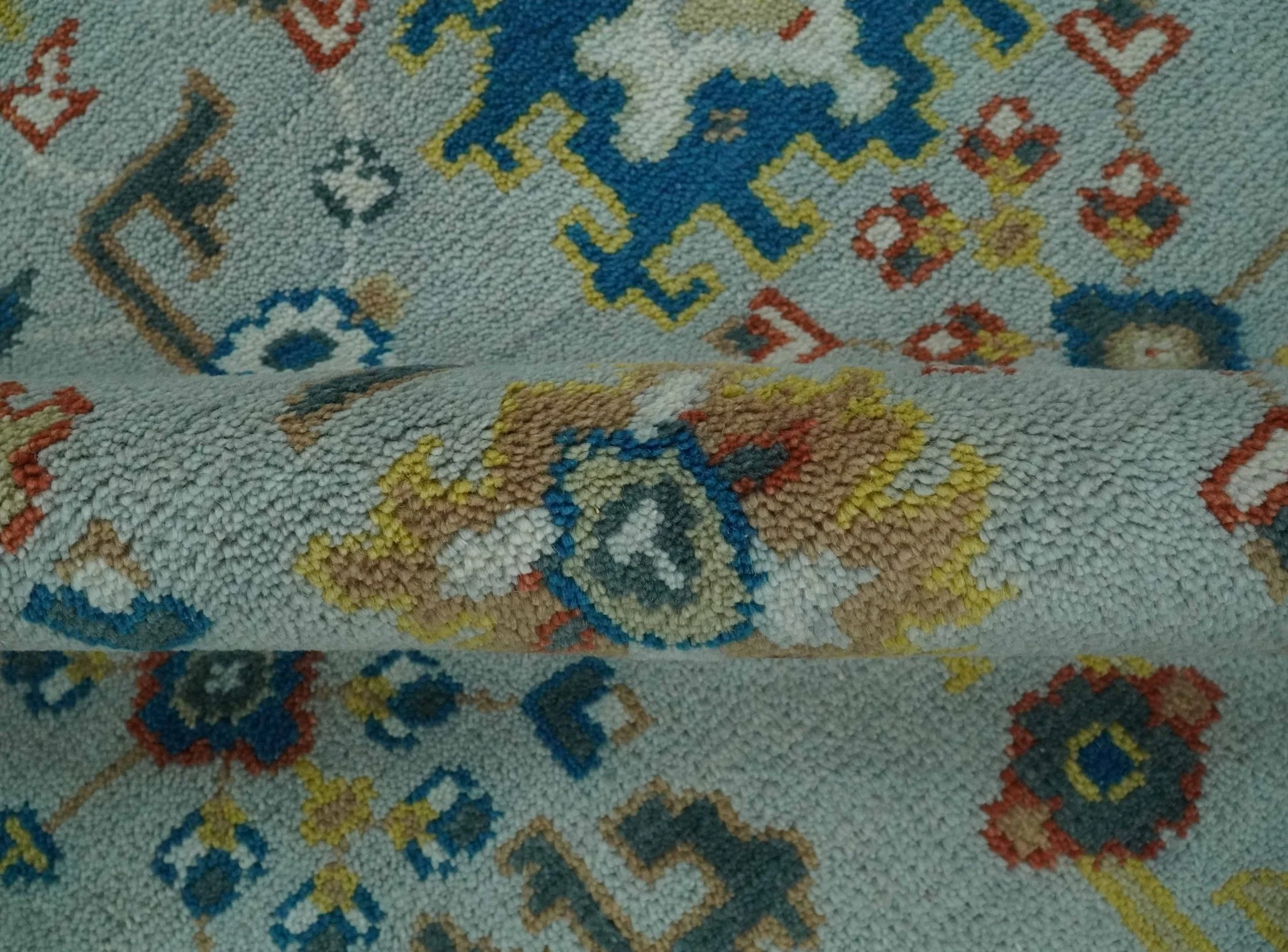 Vibrant Colorful Light Blue, Mustard, Brown and Blue Hand Knotted Traditional Oushak Multi Size wool Area Rug - Image 7