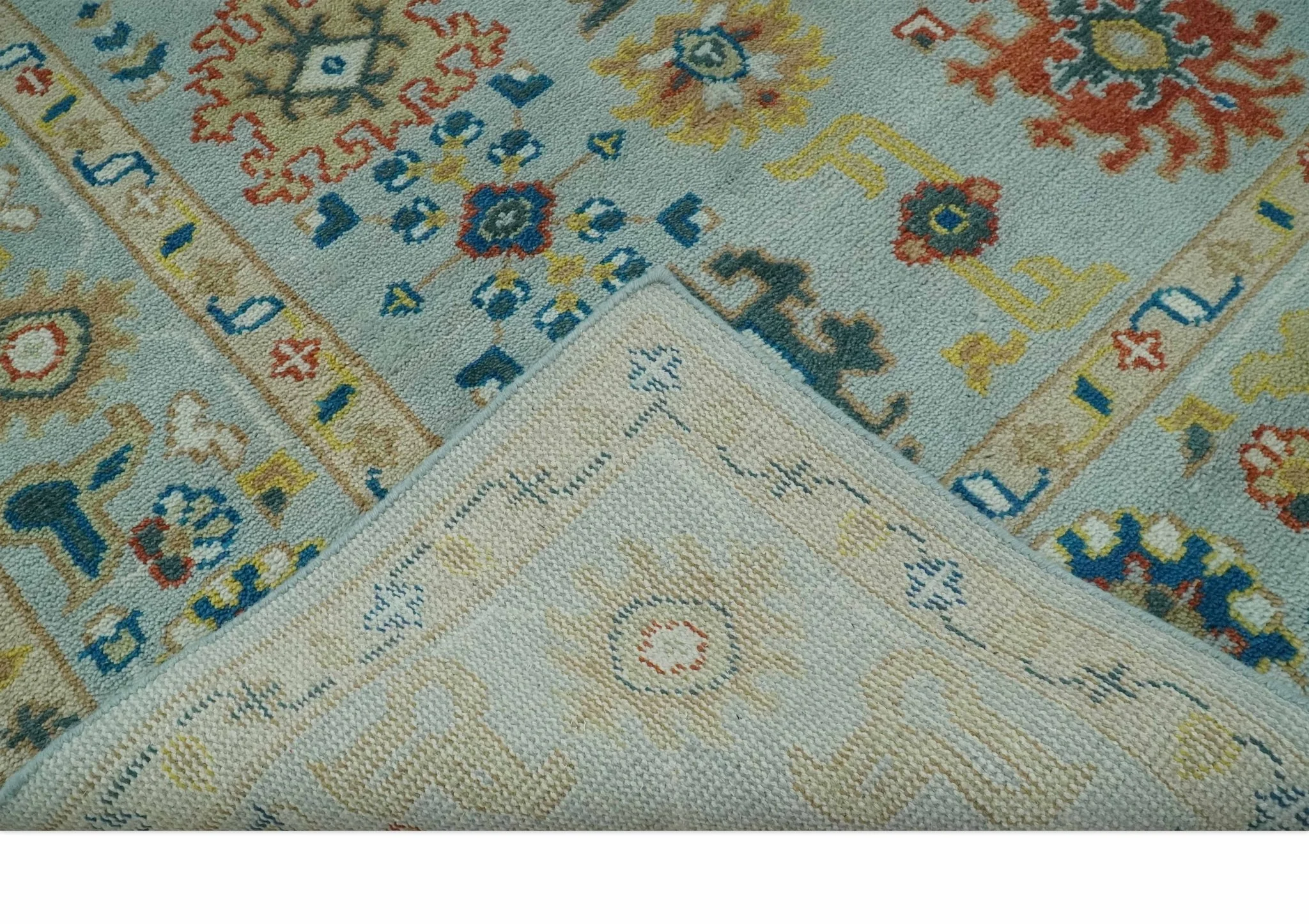 Vibrant Colorful Light Blue, Mustard, Brown and Blue Hand Knotted Traditional Oushak Multi Size wool Area Rug - Image 8