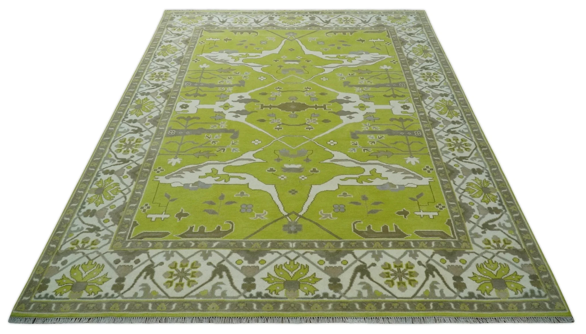 Green and Ivory Hand knotted Oriental Oushak Multi Size wool Area Rug - Image 10