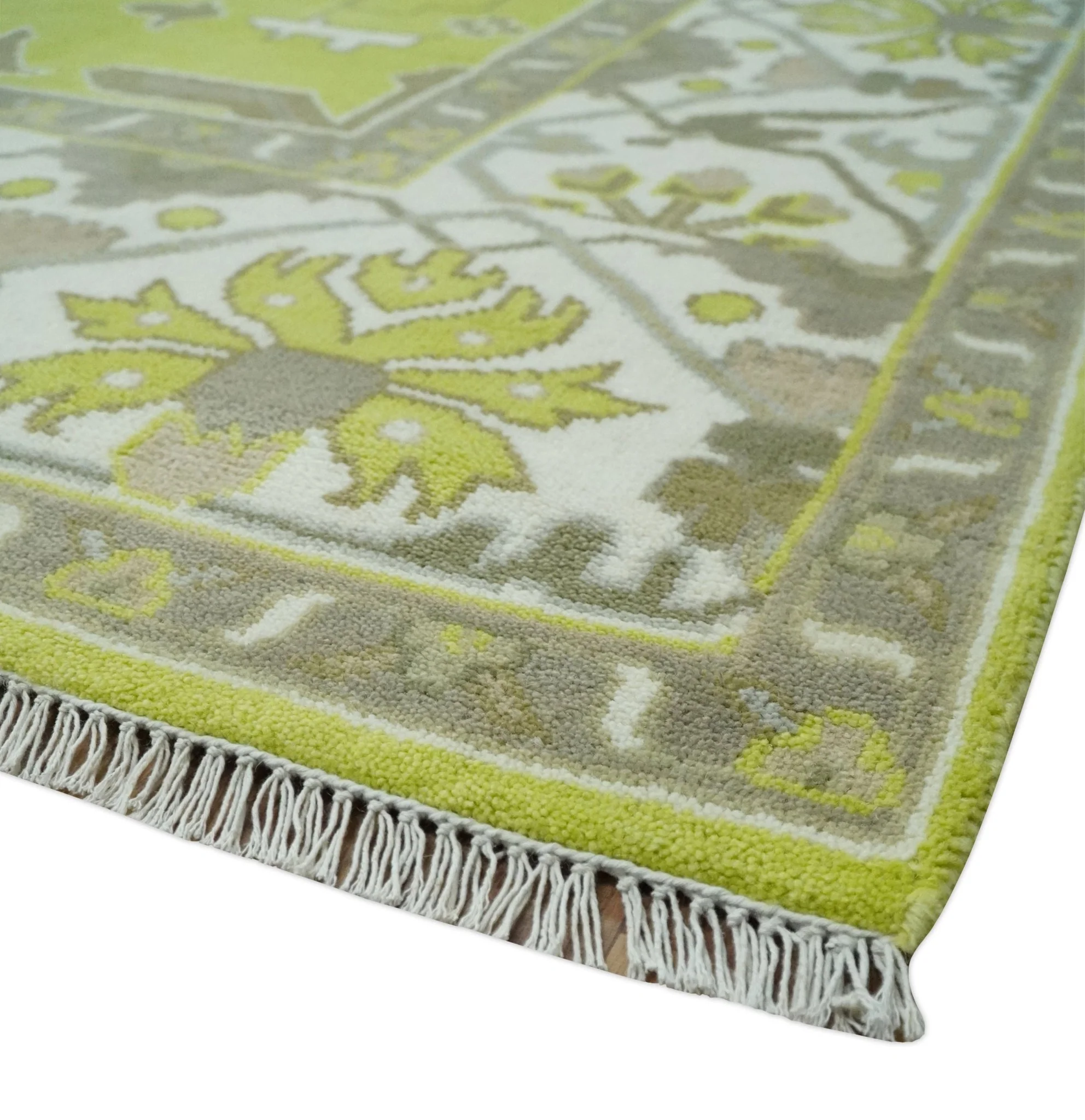 Green and Ivory Hand knotted Oriental Oushak Multi Size wool Area Rug - Image 5