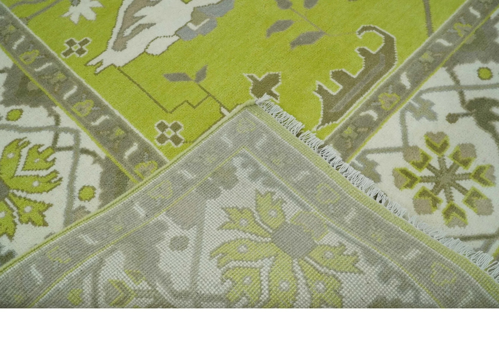 Bright Green and Ivory Hand knotted Oriental Oushak 9x12 wool Area Rug - Image 7