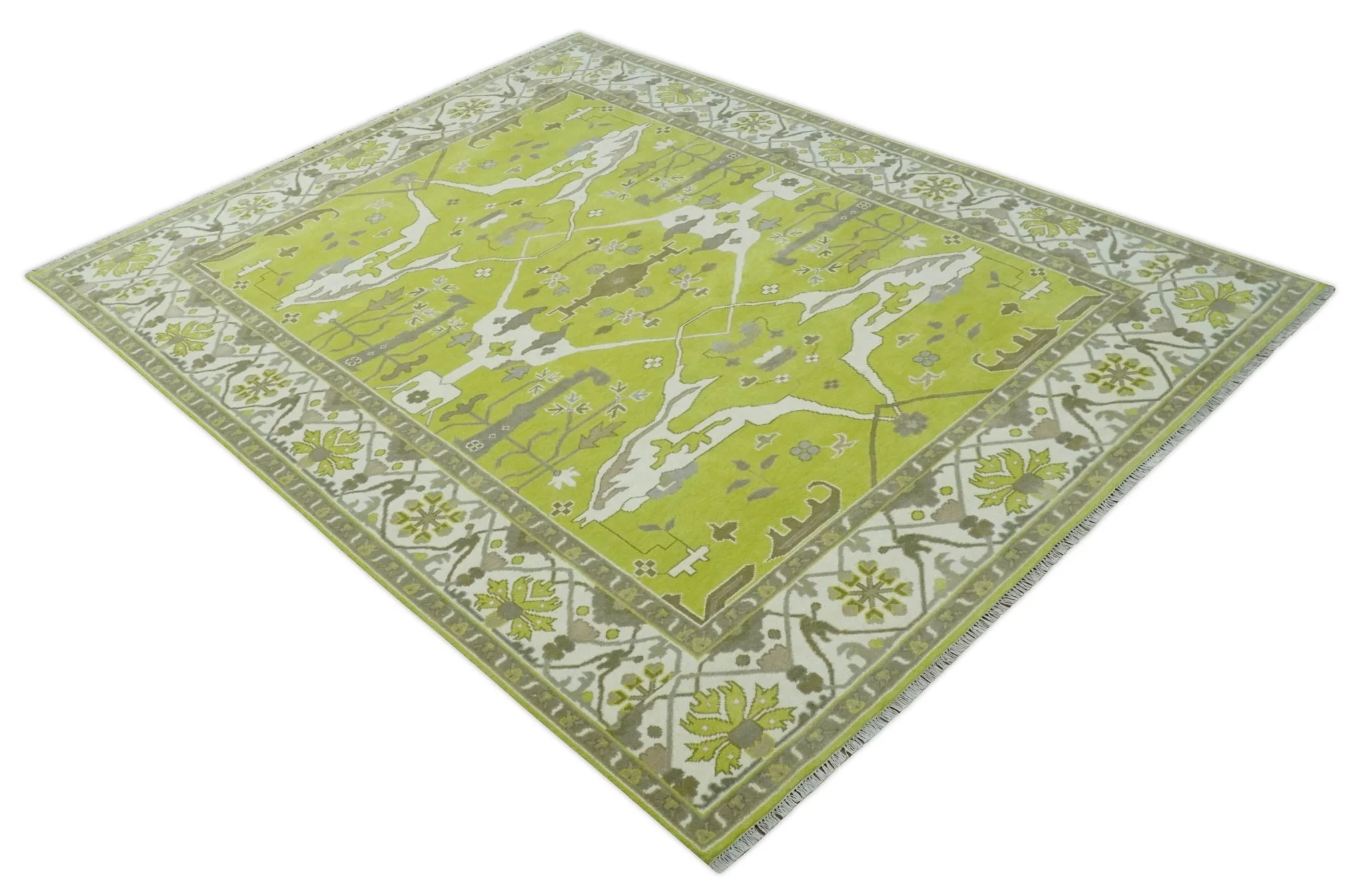 Bright Green and Ivory Hand knotted Oriental Oushak 9x12 wool Area Rug - Image 9