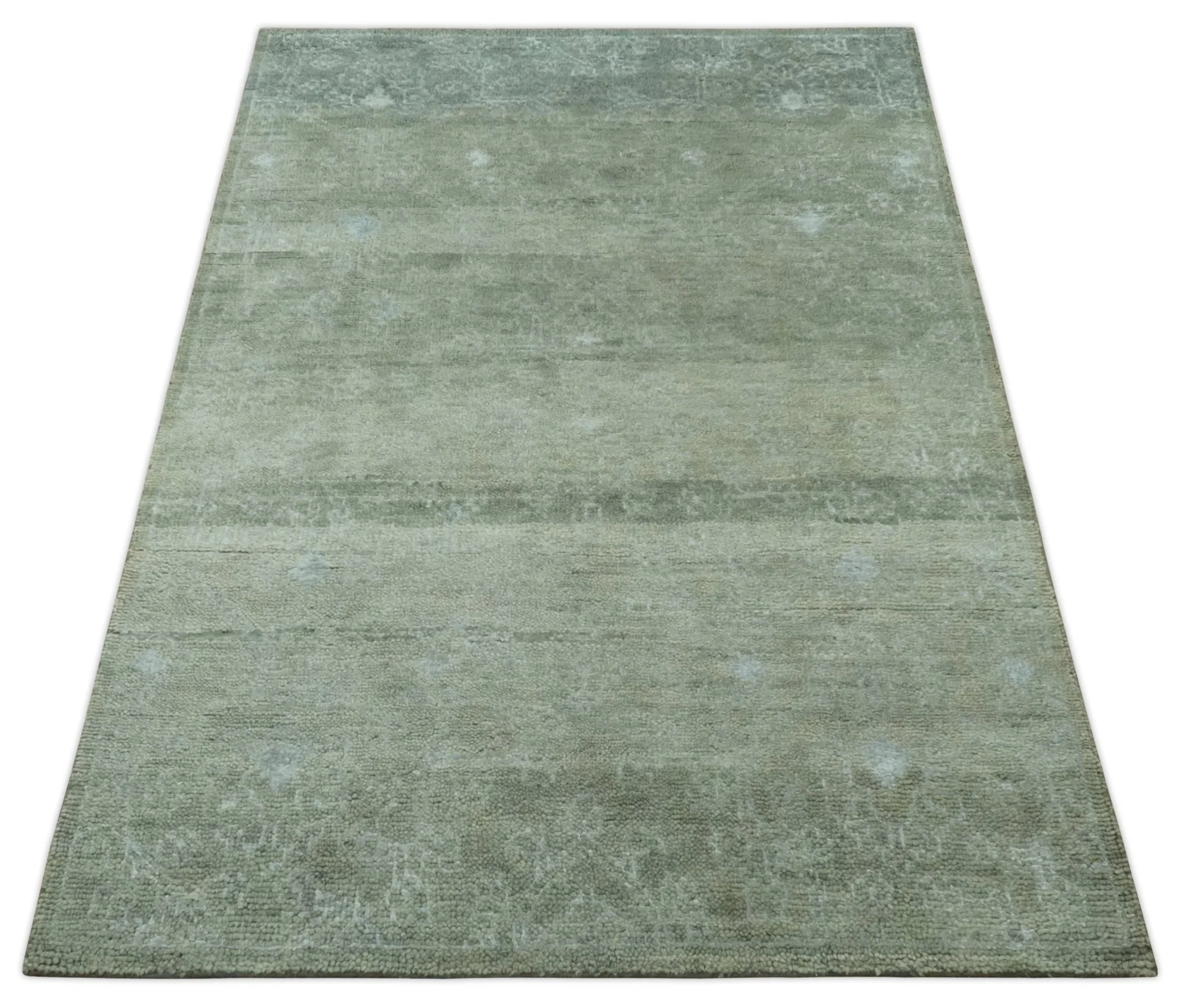 Light Green and Silver Traditional Large design 5x8 Hand Knotted wool and Art Silk Area Rug - Image 5