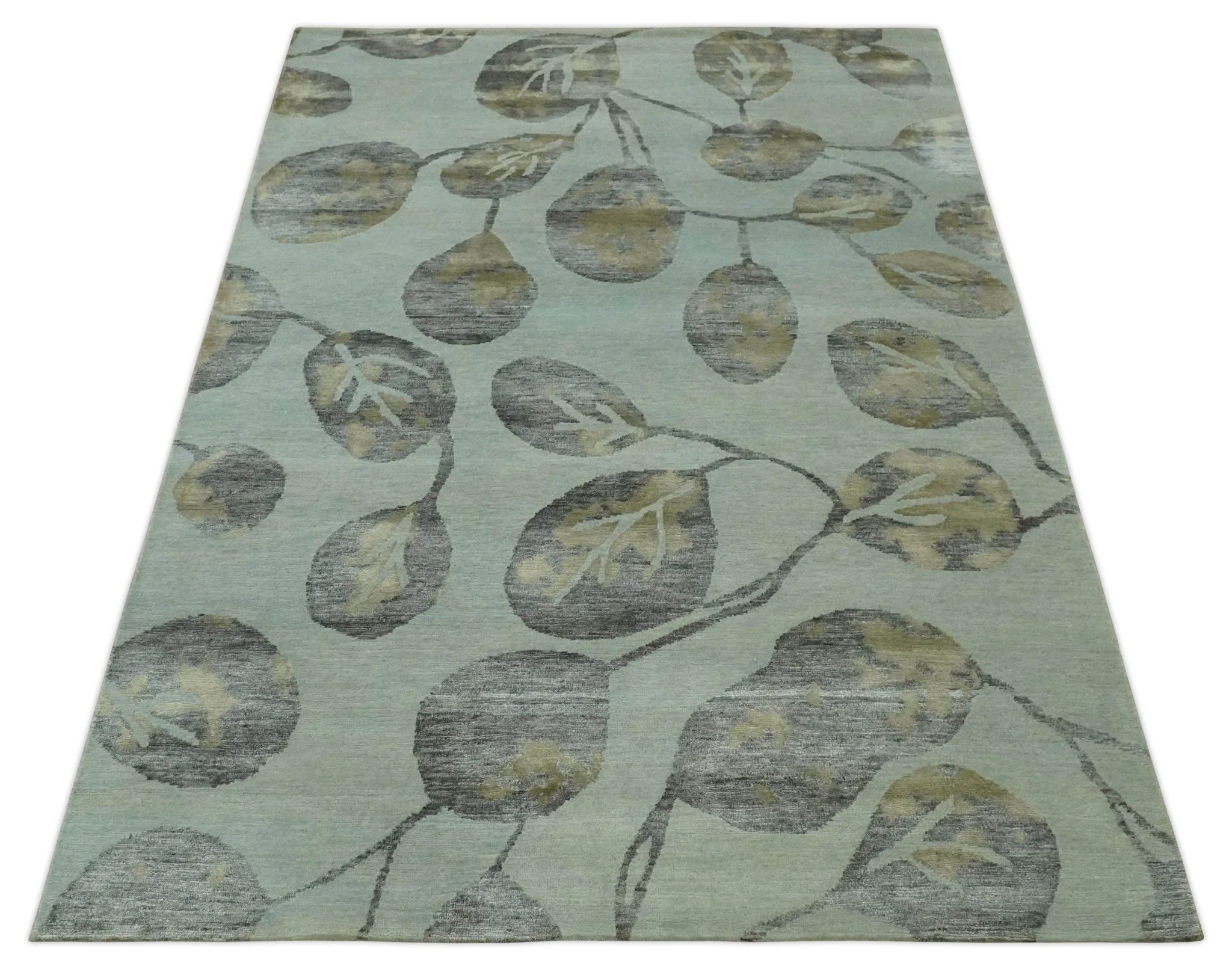 Light Green, Charcoal and Olive Leaf Design 6x9 Hand loom Wool and Viscose Area Rug - Image 10