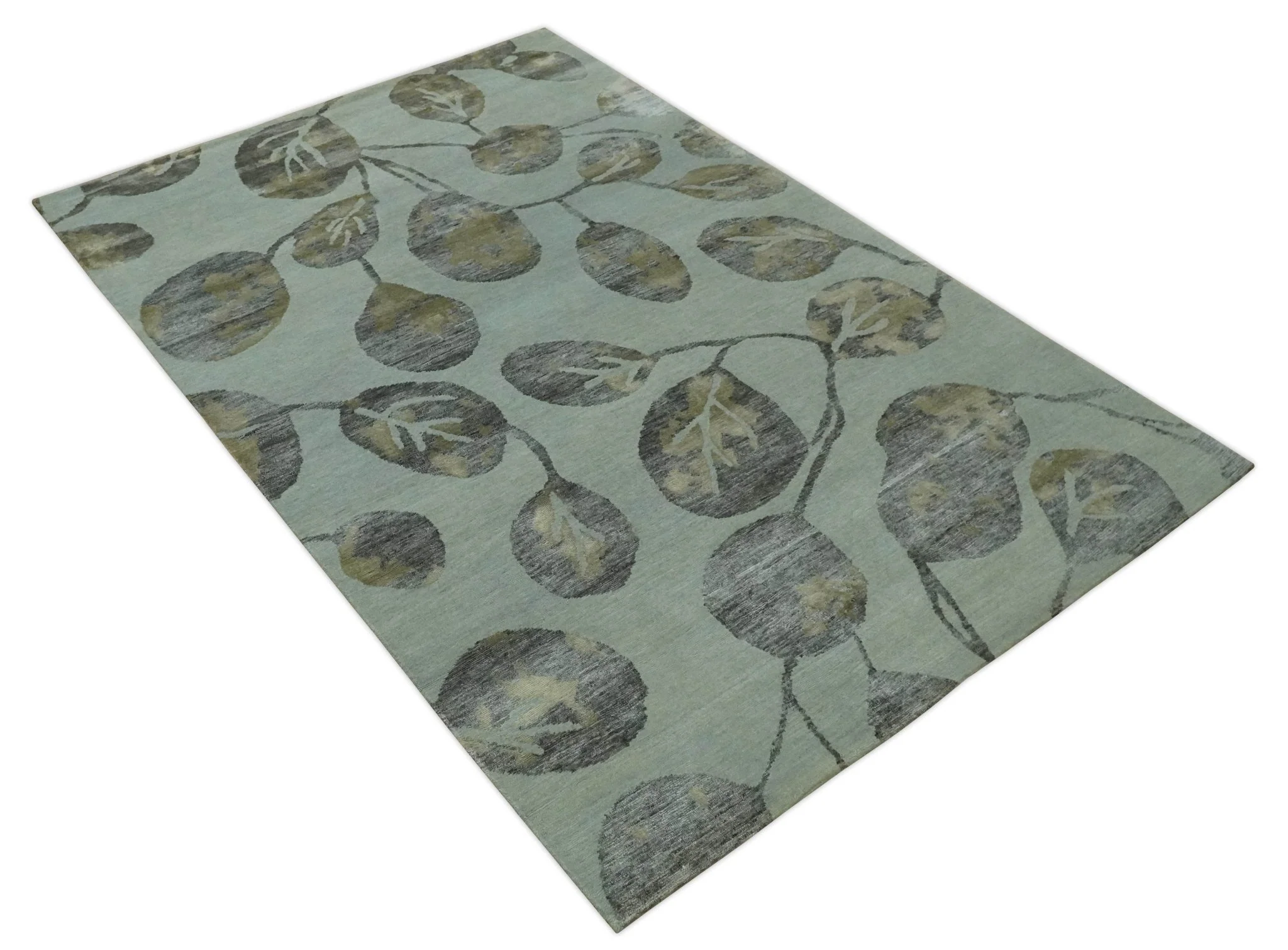 Light Green, Charcoal and Olive Leaf Design 6x9 Hand loom Wool and Viscose Area Rug - Image 9