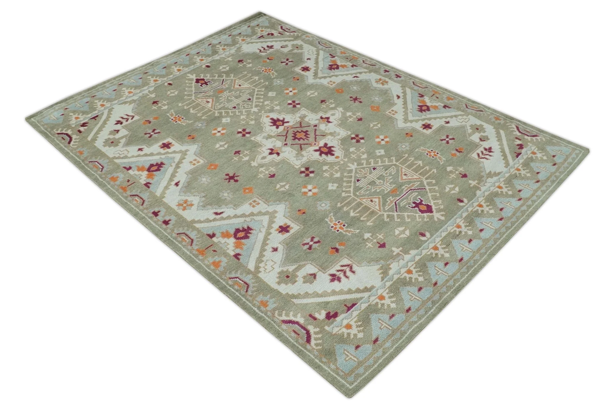 Light Green, Ivory and Maroon Traditional Hand knotted Custom Made wool Area Rug - Image 10