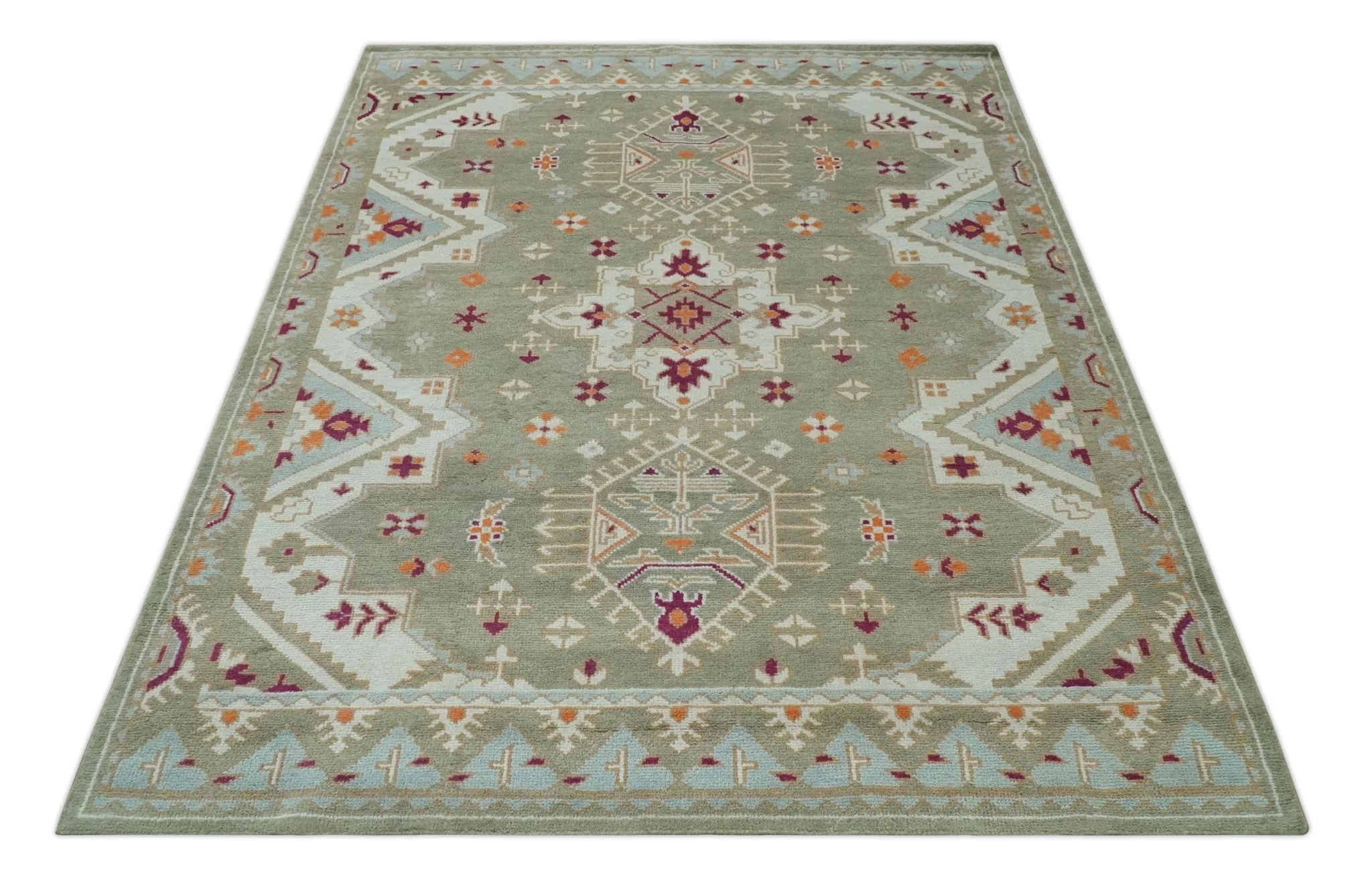 Light Green, Ivory and Maroon Traditional Hand knotted Custom Made wool Area Rug - Image 11