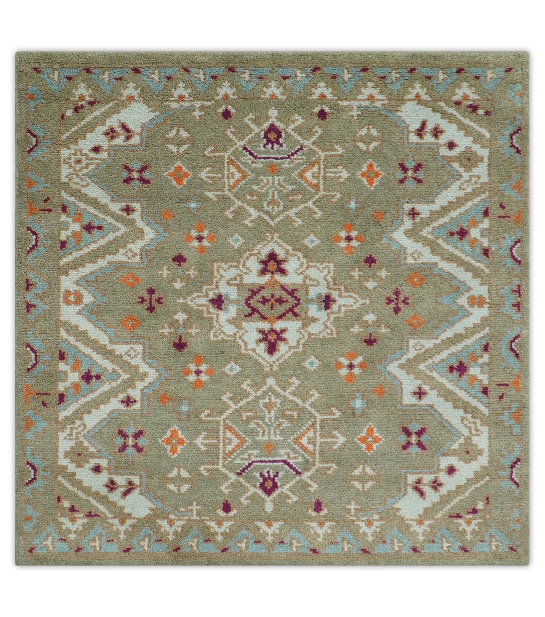 Light Green, Ivory and Maroon Traditional Hand knotted Custom Made wool Area Rug - Image 12