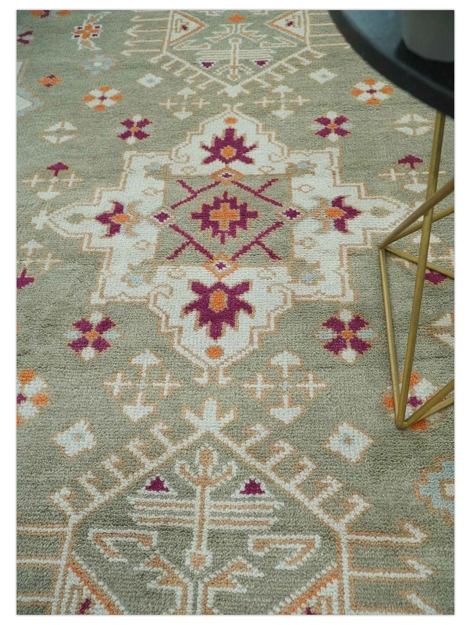 Light Green, Ivory and Maroon Traditional Hand knotted Custom Made wool Area Rug - Image 3