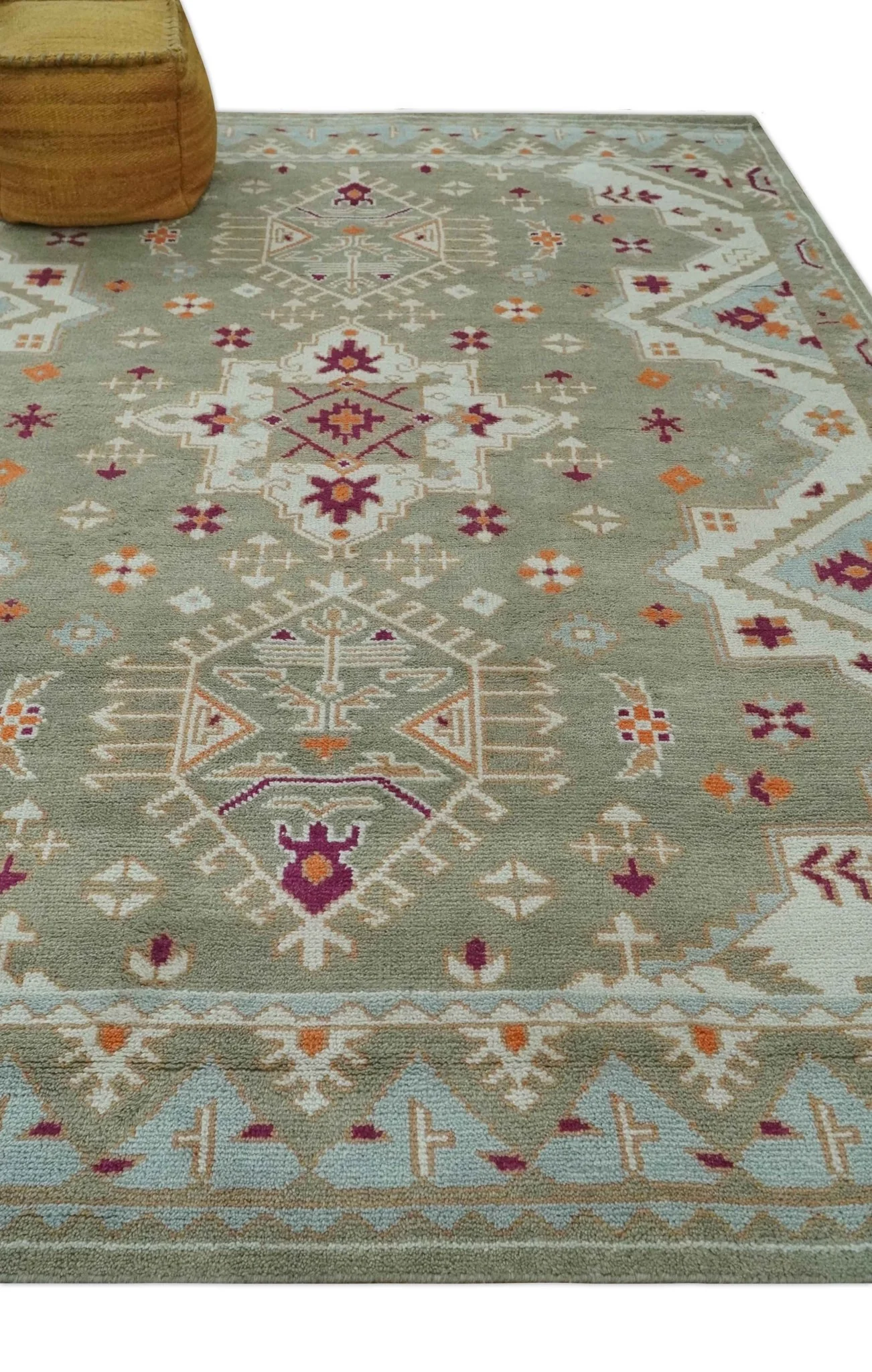 Light Green, Ivory and Maroon Traditional Hand knotted Custom Made wool Area Rug - Image 4