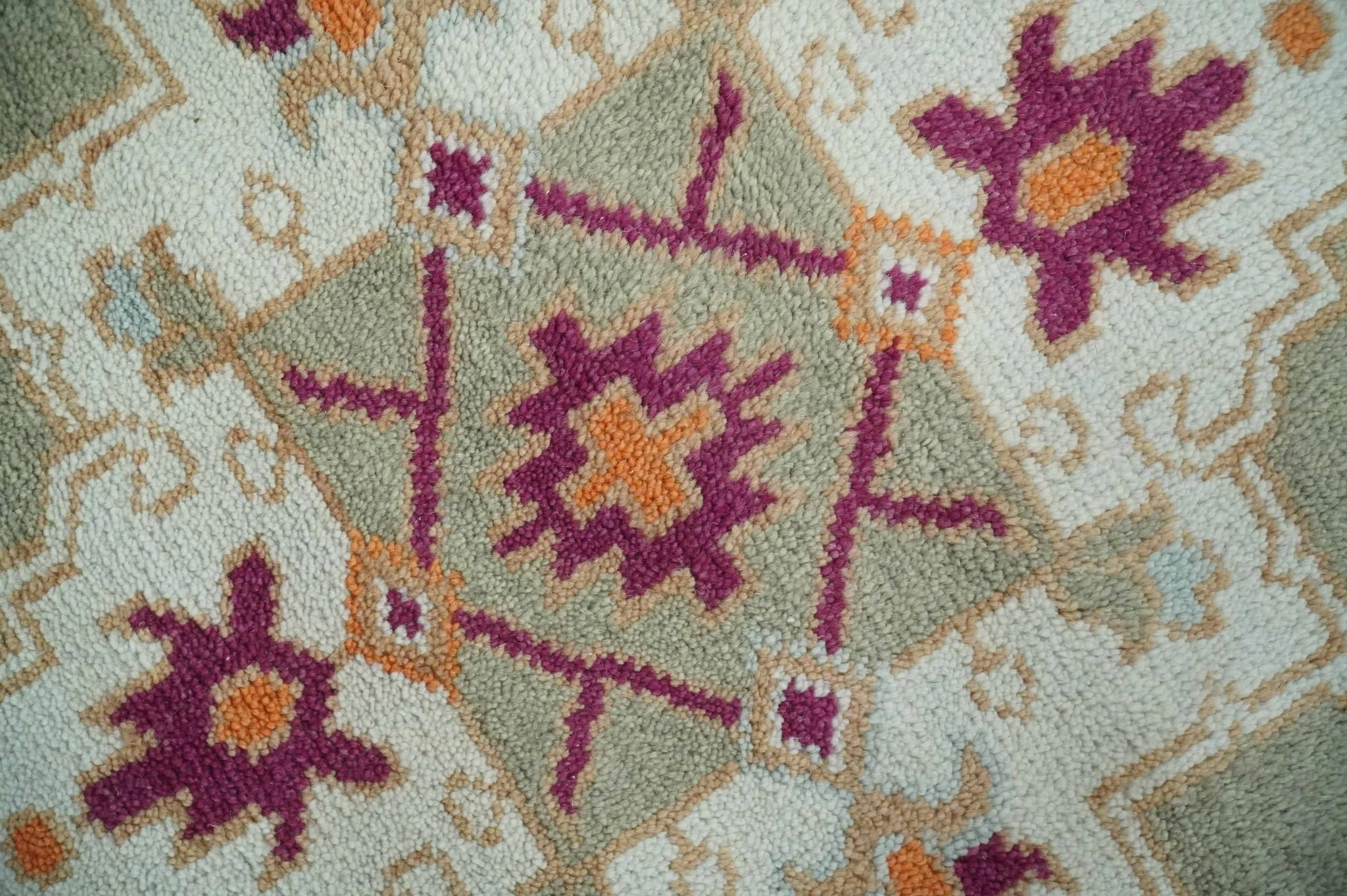 Light Green, Ivory and Maroon Traditional Hand knotted Custom Made wool Area Rug - Image 5
