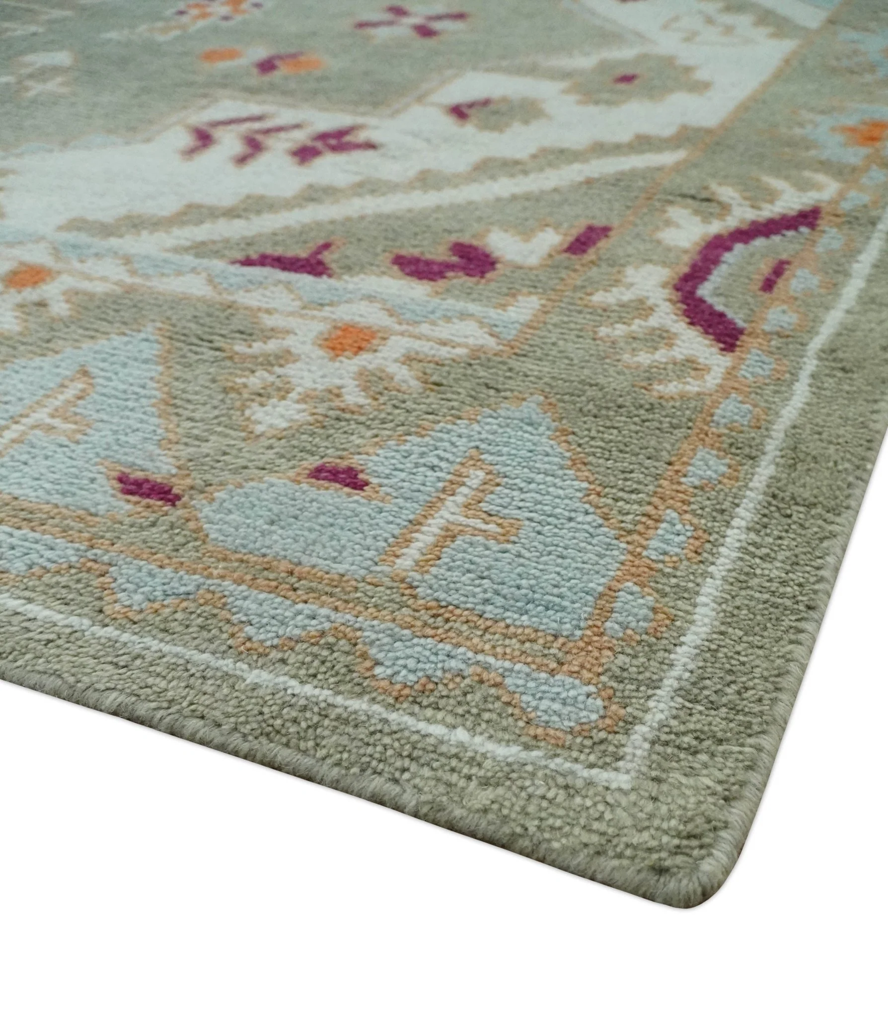 Light Green, Ivory and Maroon Traditional Hand knotted Custom Made wool Area Rug - Image 6