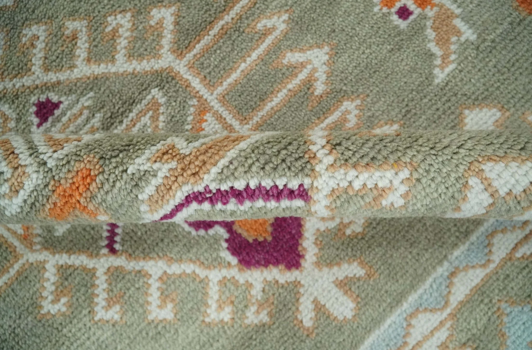 Light Green, Ivory and Maroon Traditional Hand knotted Custom Made wool Area Rug - Image 7