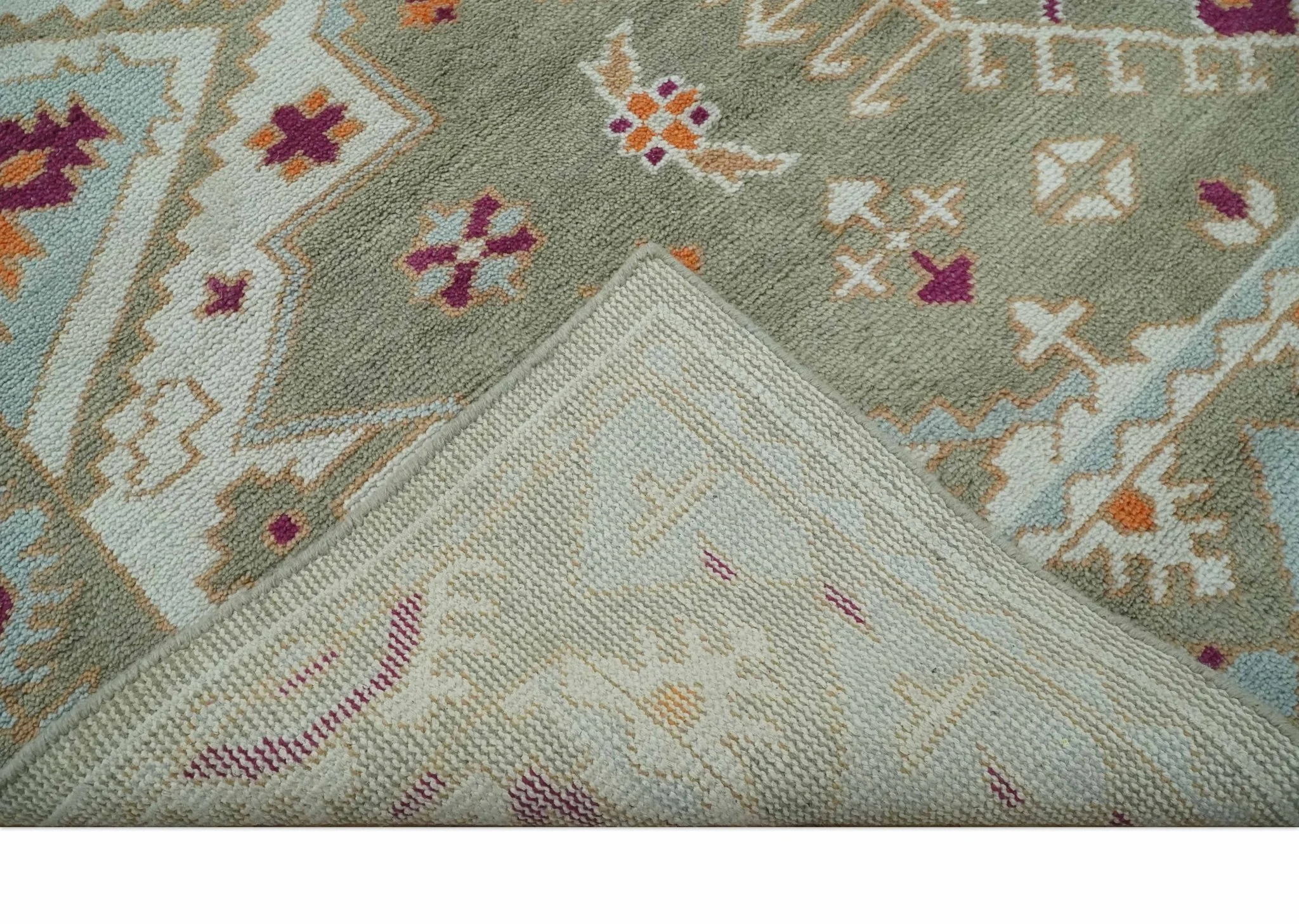 Light Green, Ivory and Maroon Traditional Hand knotted Custom Made wool Area Rug - Image 8