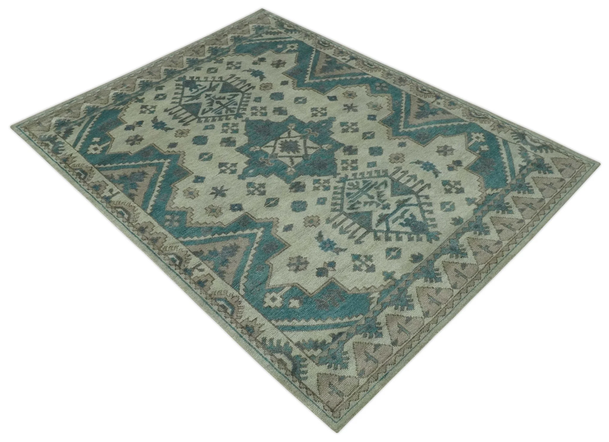 Light green, Teal and Charcoal Traditional Hand Knotted Custom Made wool Area Rug - Image 10