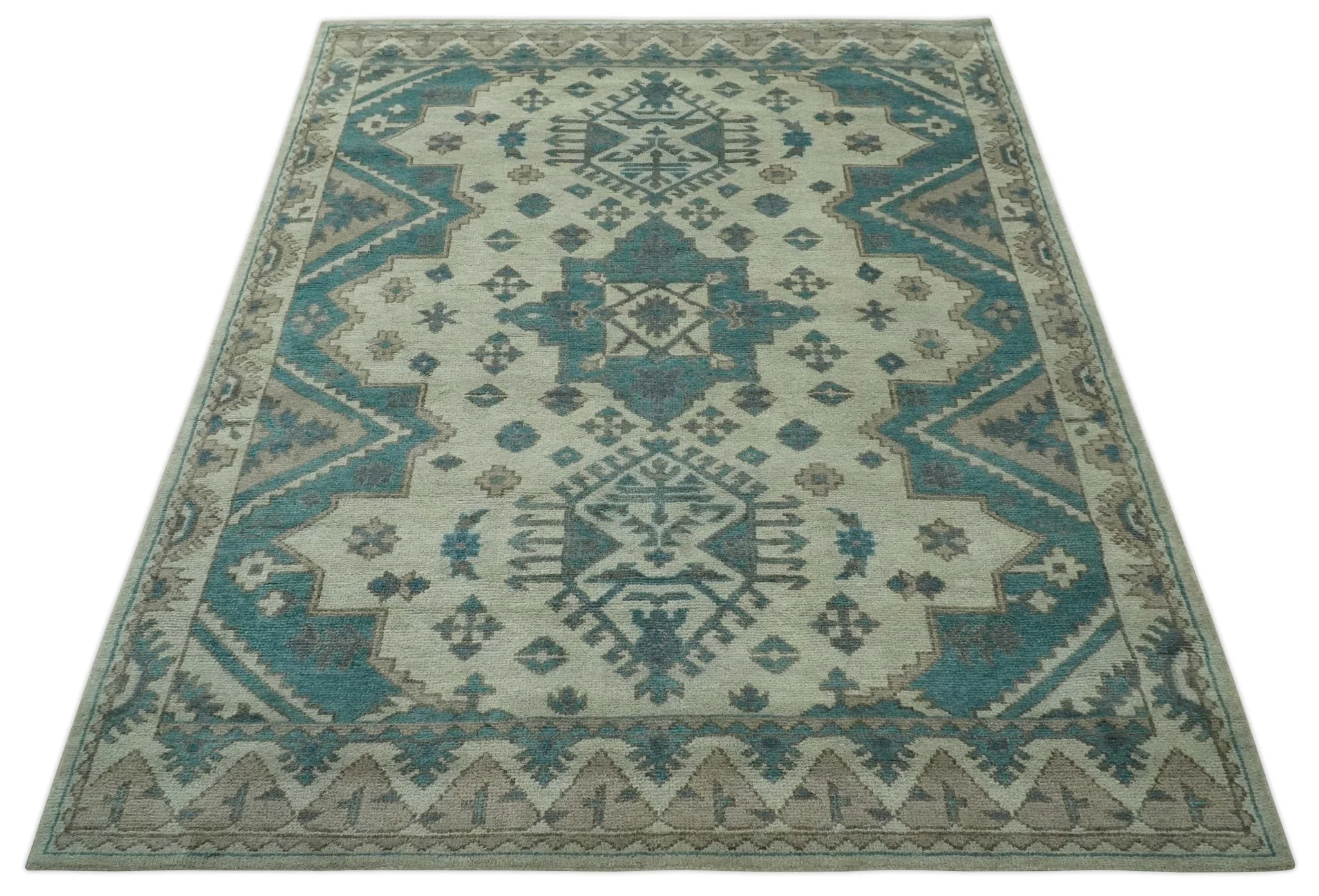 Light green, Teal and Charcoal Traditional Hand Knotted Custom Made wool Area Rug - Image 11