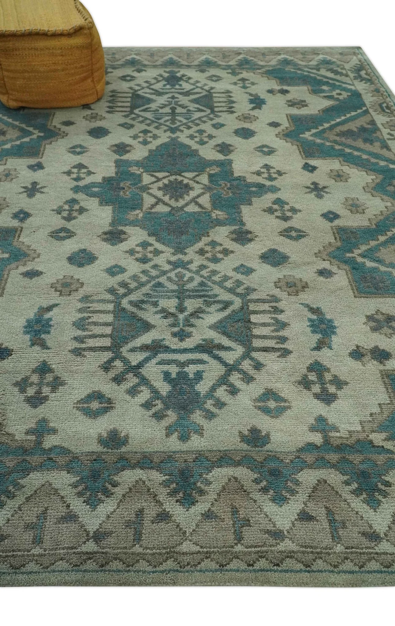 Light green, Teal and Charcoal Traditional Hand Knotted Custom Made wool Area Rug - Image 4